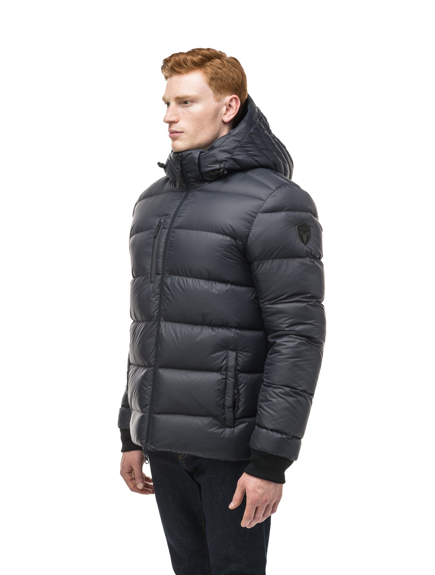 Hip length, reversible men's down filled jacket with removable hood in Marine