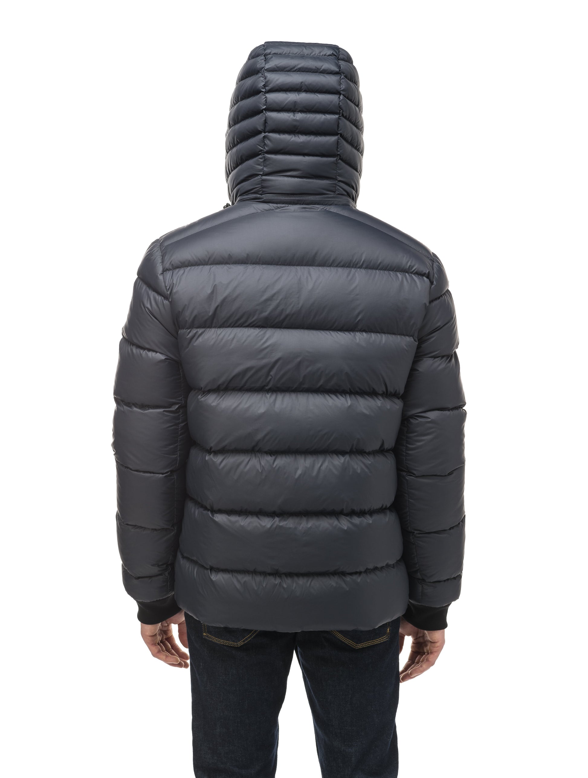 Hip length, reversible men's down filled jacket with removable hood in Marine