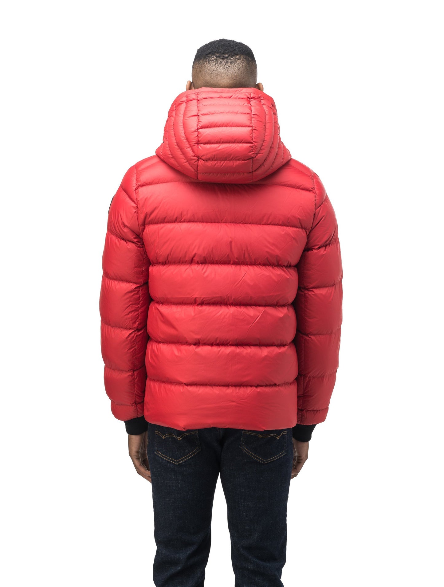 Hip length, reversible men's down filled jacket with removable hood in Vermillion