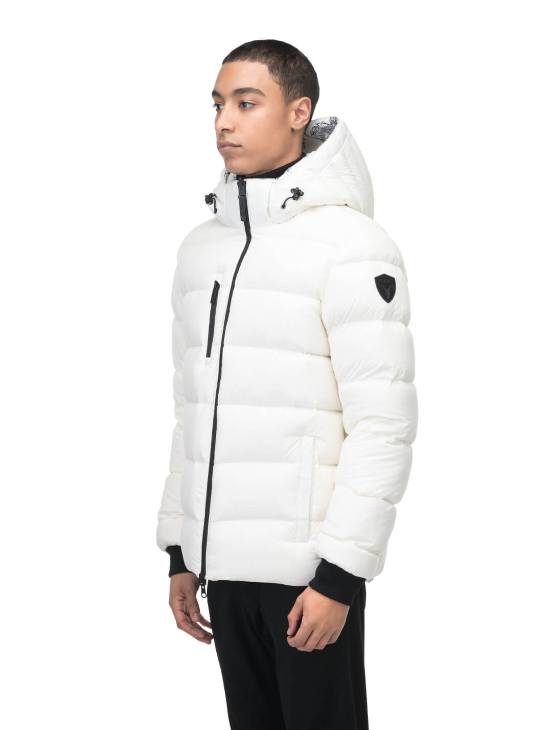 Hip length, reversible men's down filled jacket with removable hood in White Floral Print