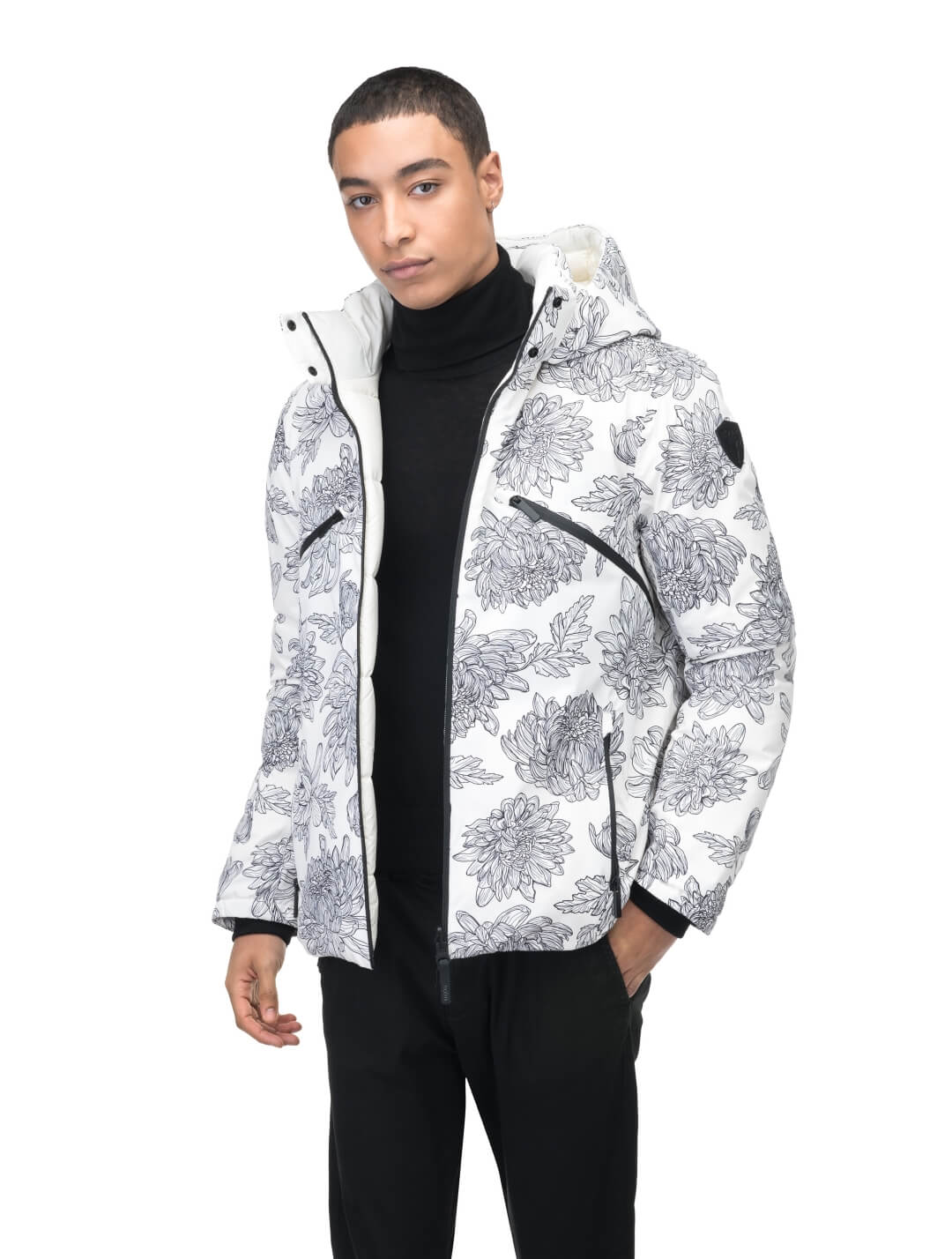 Hip length, reversible men's down filled jacket with removable hood in White Floral Print