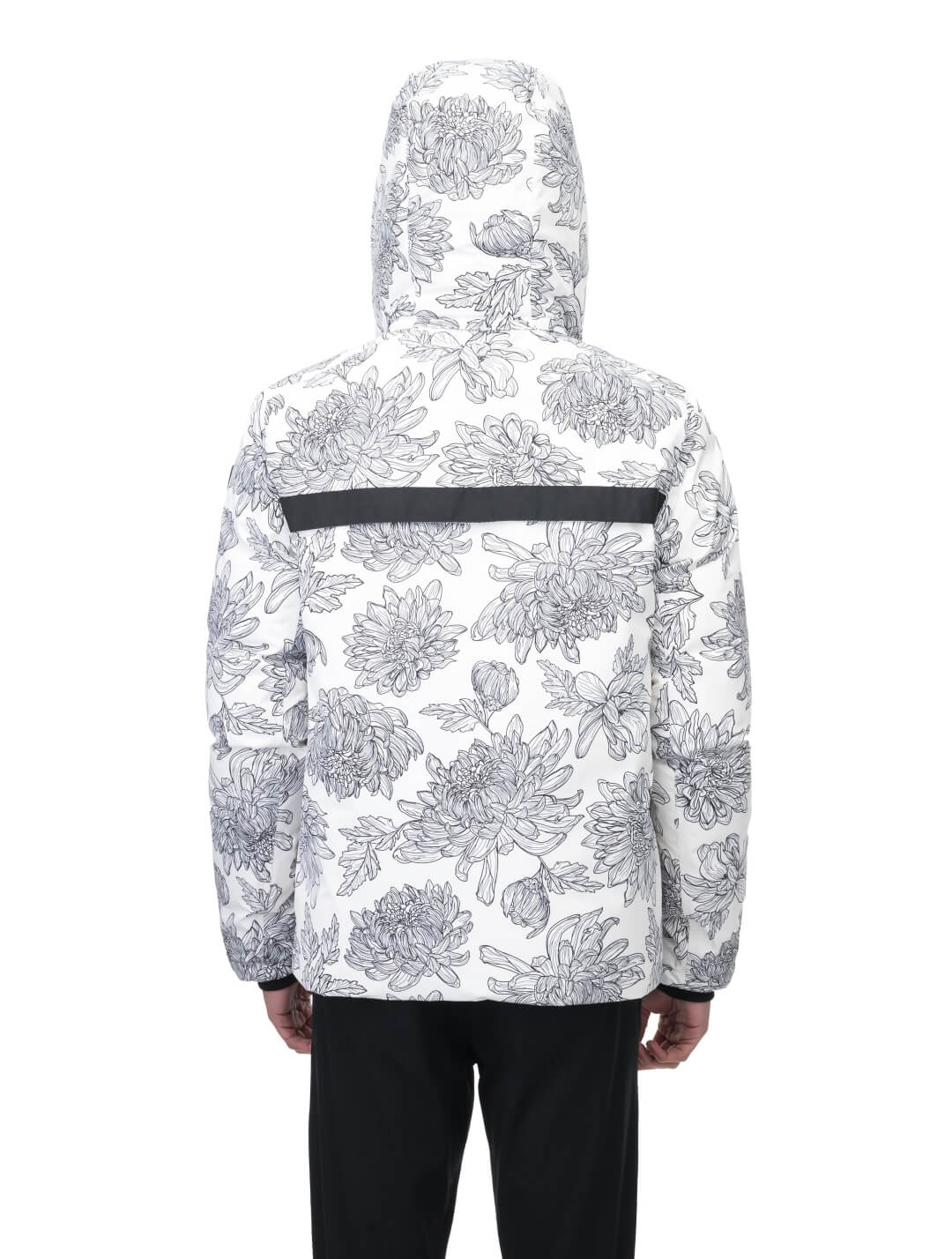 Hip length, reversible men's down filled jacket with removable hood in White Floral Print