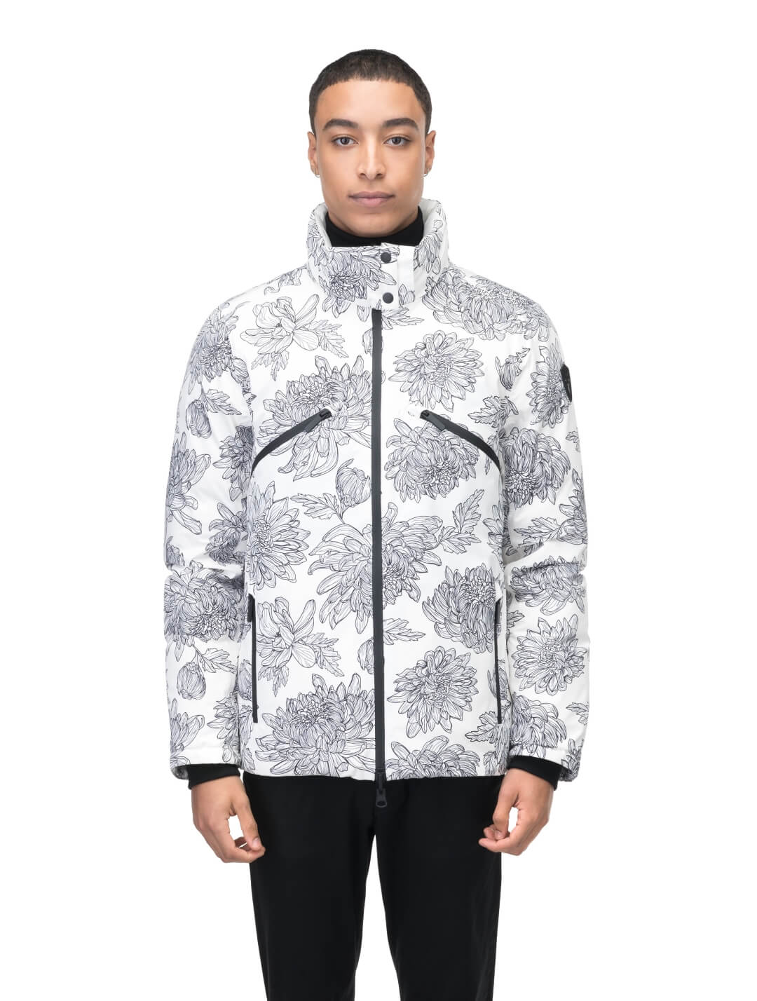 Hip length, reversible men's down filled jacket with removable hood in White Floral Print