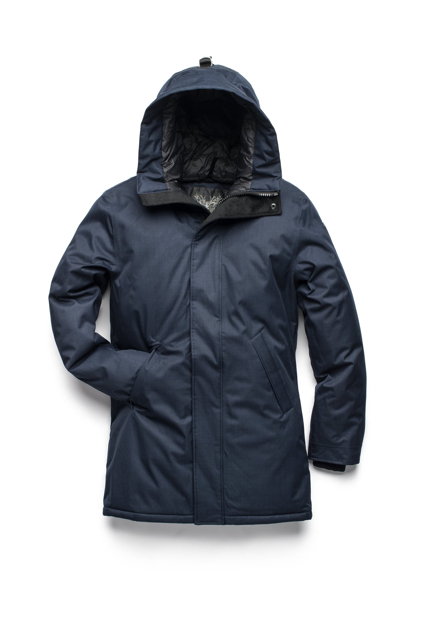 Pierre Men's Jacket in thigh length, Canadian white duck down insulation, non-removable down-filled hood, angled waist pockets, centre-front zipper with wind flap, and elastic ribbed cuffs, in CH Navy