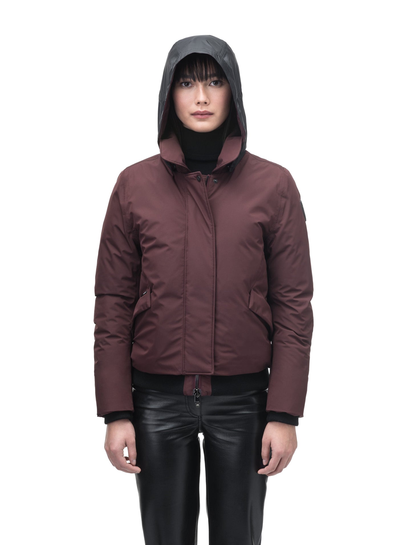 Rae Ladies Aviator Jacket in hip length, Canadian duck down insulation, removable shearling collar with hidden tuckable hood, and two-way front zipper, in Merlot