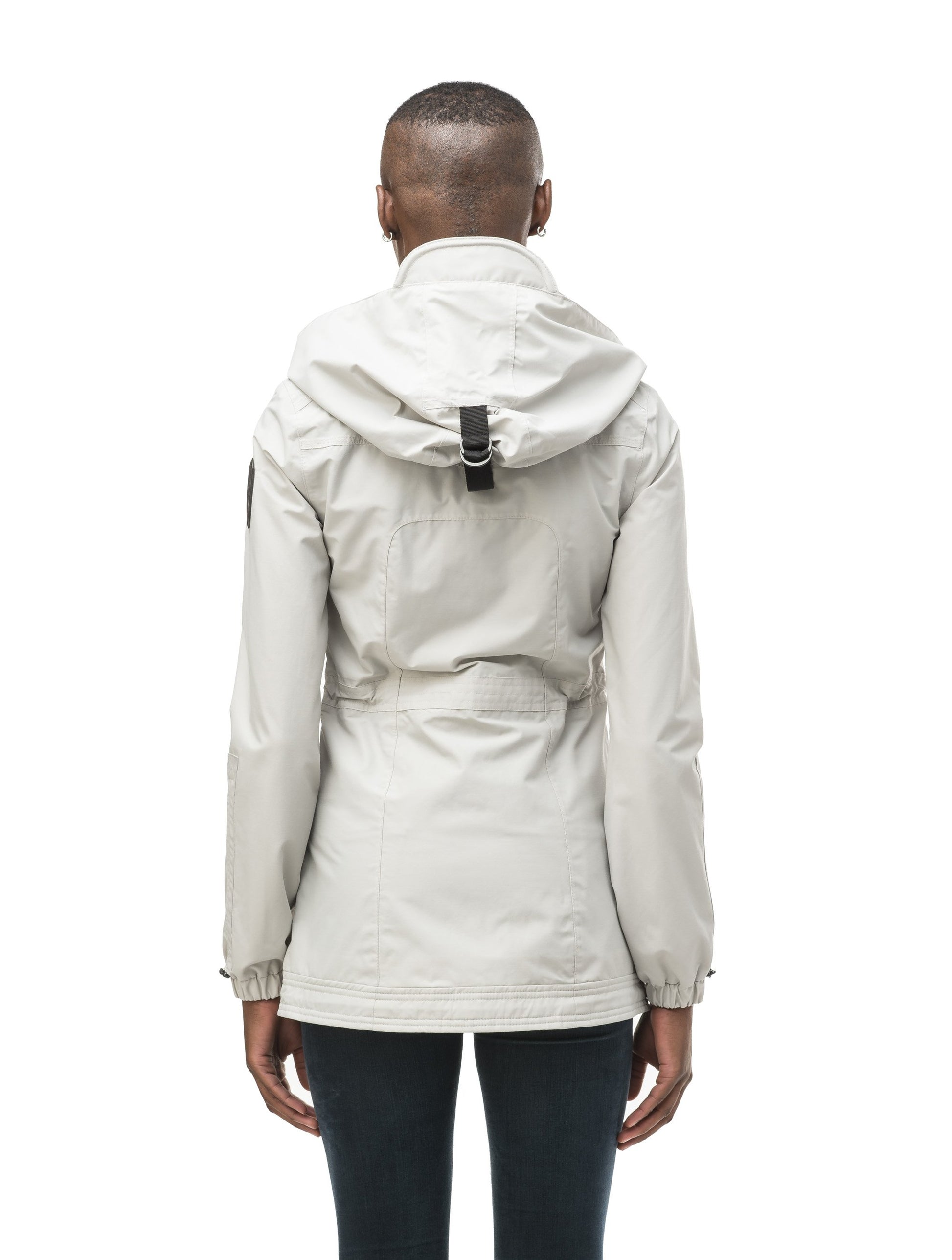 Women's hooded shirt jacket with four front pockets and adjustable waist in Lt Grey