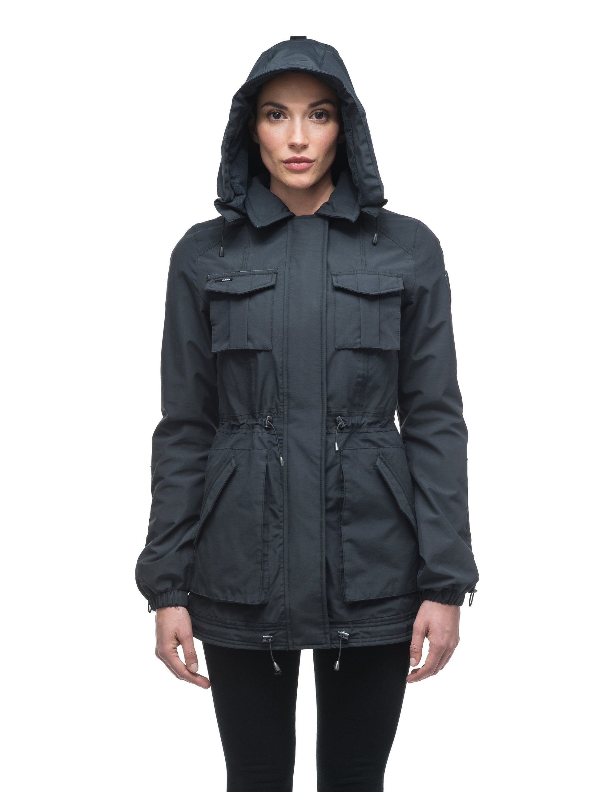 Women's hooded shirt jacket with four front pockets and adjustable waist in Black