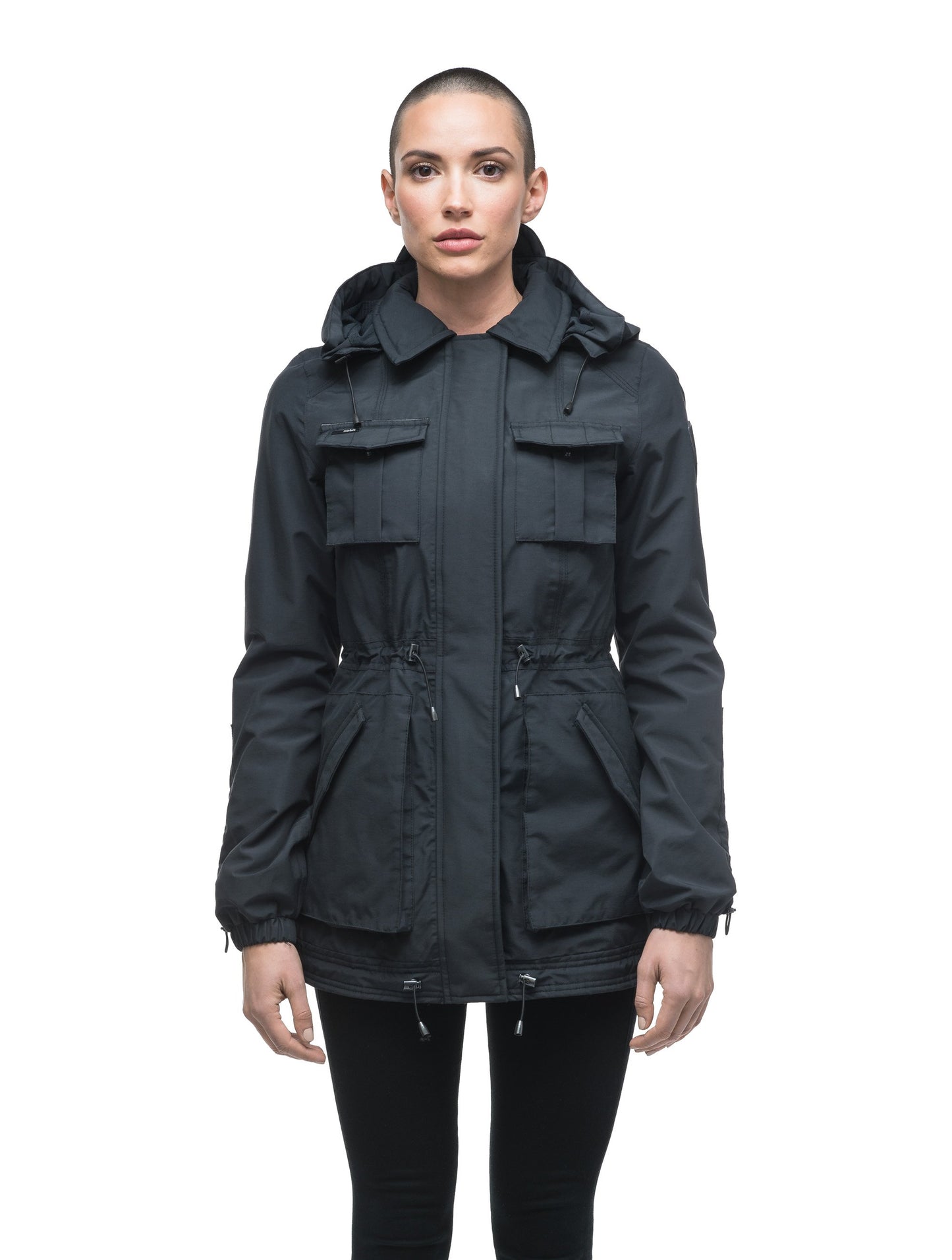 Women's hooded shirt jacket with four front pockets and adjustable waist in Black