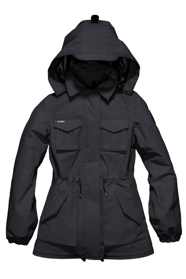 Women's hooded shirt jacket with four front pockets and adjustable waist in Black