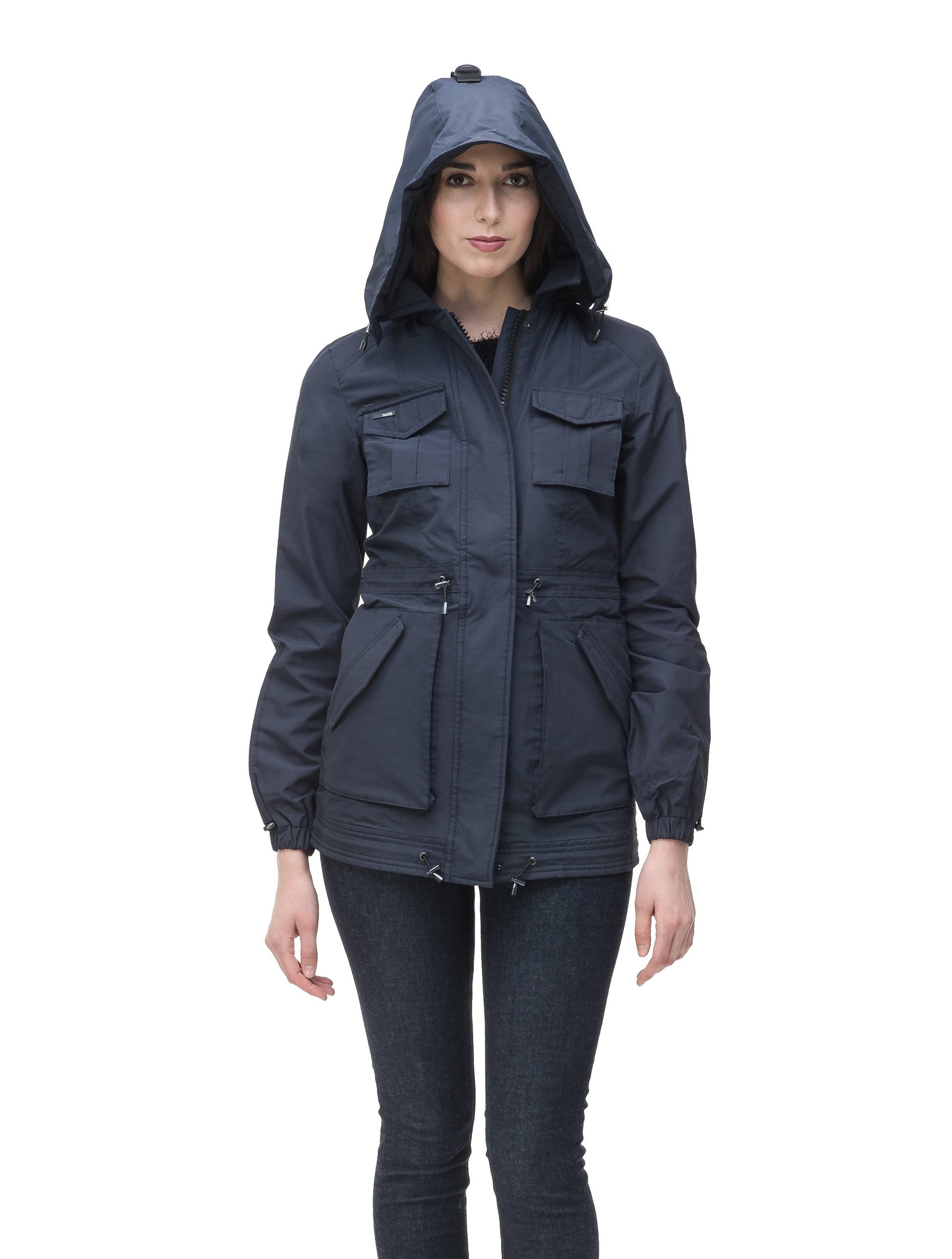 Women's hooded shirt jacket with four front pockets and adjustable waist in Navy