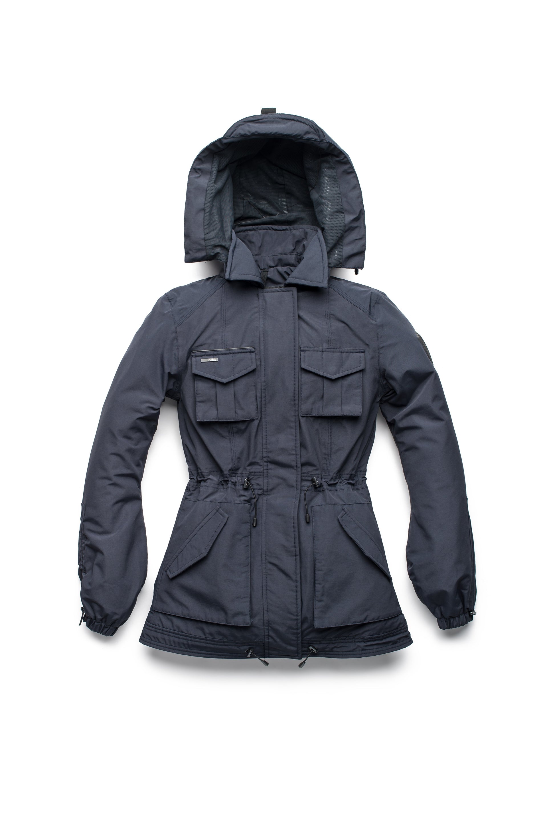 Women's hooded shirt jacket with four front pockets and adjustable waist in Navy