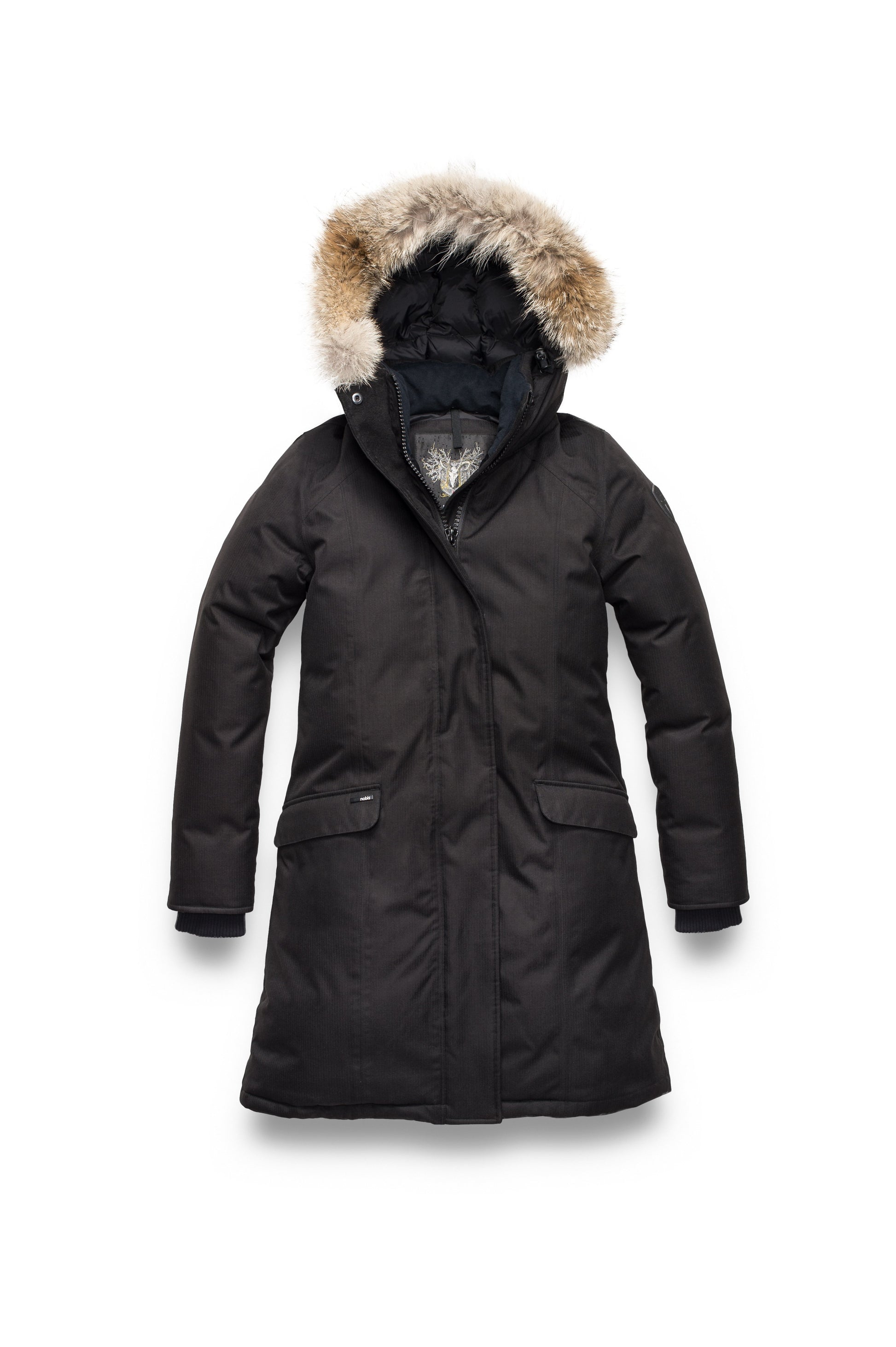 Rebecca Women's Parka in knee length, Canadian duck down insulation, two-way zipper with magnetic front placket, non-removable hood with removable coyote fur trim, in Black