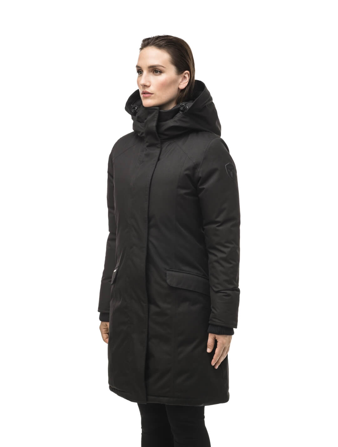 Rebecca Women's Parka in knee length, Canadian duck down insulation, two-way zipper with magnetic front placket, non-removable hood with removable coyote fur trim, in Black