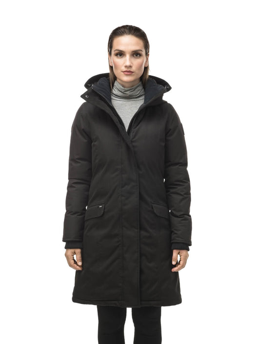 Rebecca Women's Parka in knee length, Canadian duck down insulation, two-way zipper with magnetic front placket, non-removable hood with removable coyote fur trim, in Black