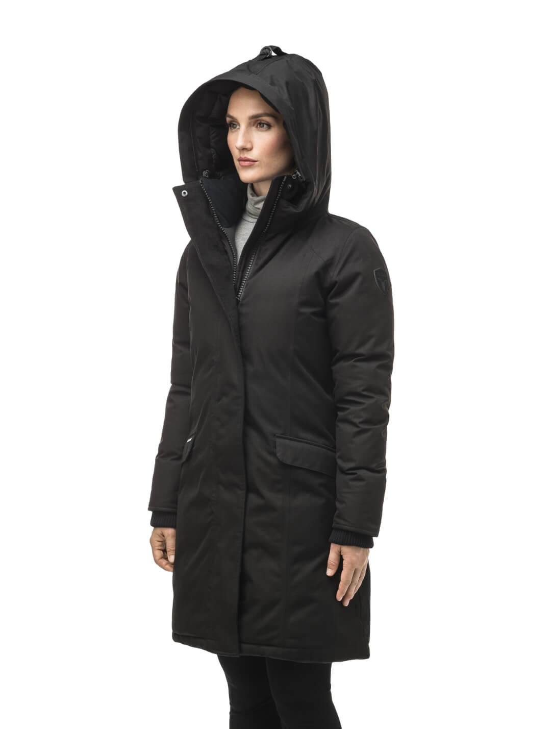 Rebecca Women's Parka in knee length, Canadian duck down insulation, two-way zipper with magnetic front placket, non-removable hood with removable coyote fur trim, in Black