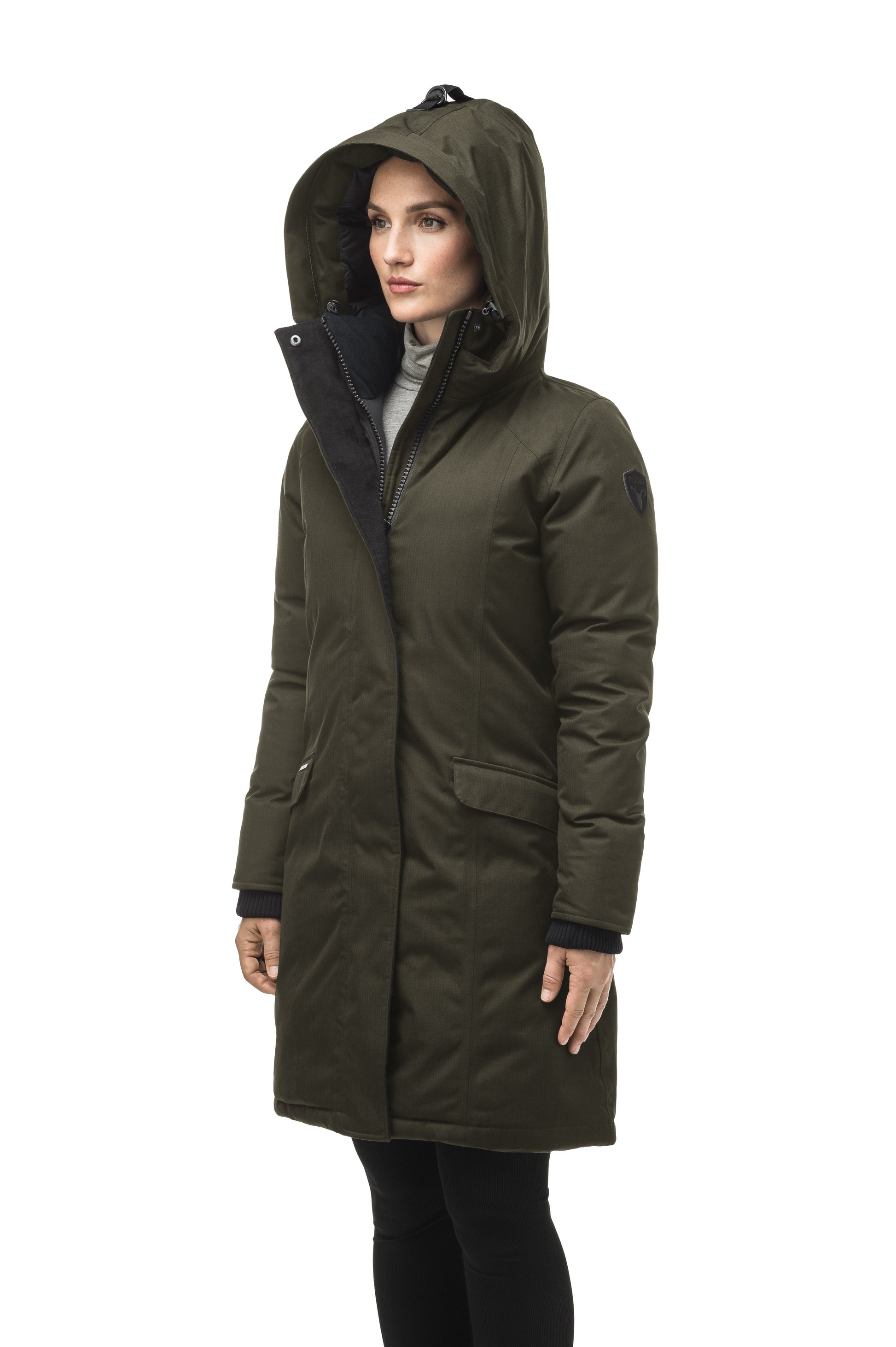 Rebecca Women's Parka in knee length, Canadian duck down insulation, two-way zipper with magnetic front placket, non-removable hood with removable coyote fur trim, in Fatigue