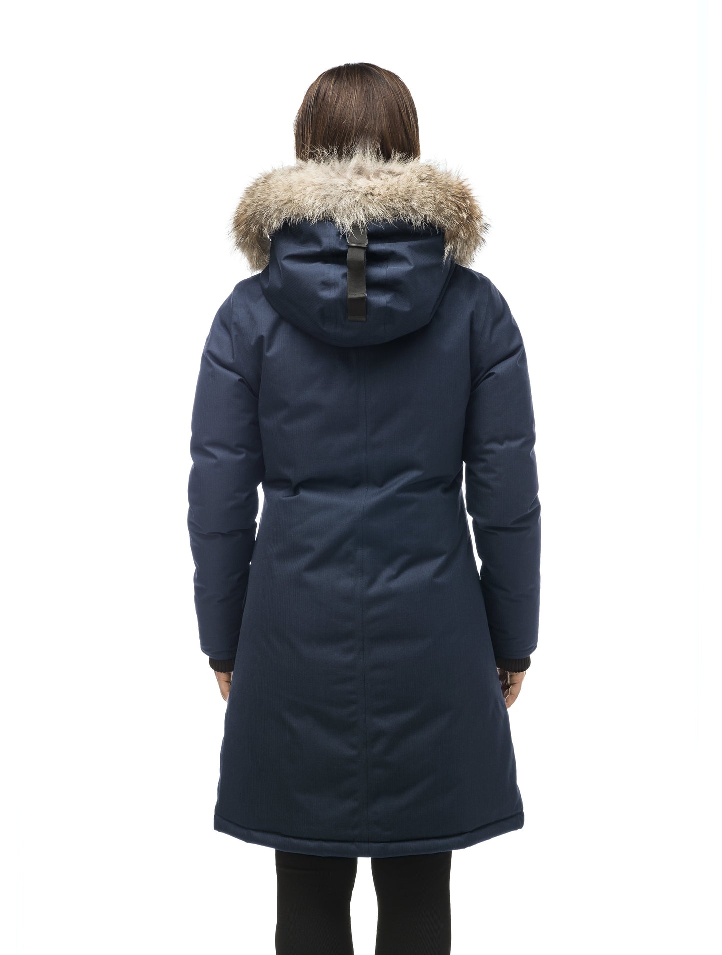 Rebecca Women's Parka in knee length, Canadian duck down insulation, two-way zipper with magnetic front placket, non-removable hood with removable coyote fur trim, in Navy