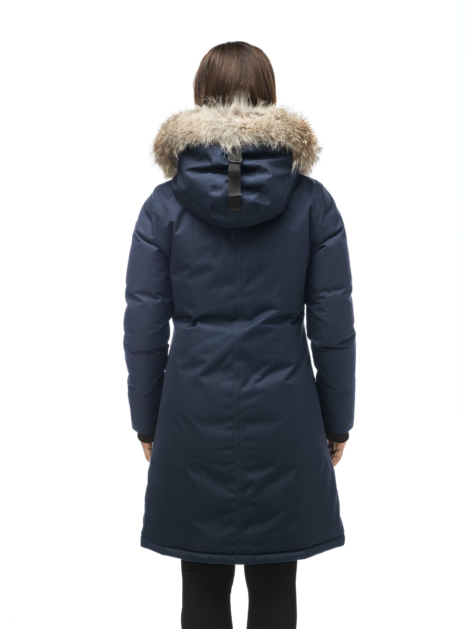 Rebecca Women's Parka in knee length, Canadian duck down insulation, two-way zipper with magnetic front placket, non-removable hood with removable coyote fur trim, in Navy