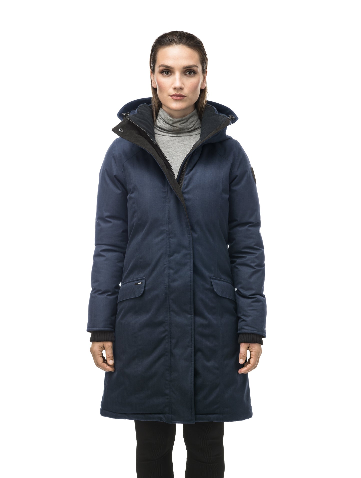 Rebecca Women's Parka in knee length, Canadian duck down insulation, two-way zipper with magnetic front placket, non-removable hood with removable coyote fur trim, in Navy