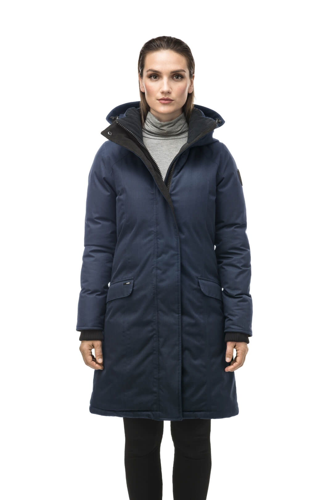 Rebecca Women's Parka in knee length, Canadian duck down insulation, two-way zipper with magnetic front placket, non-removable hood with removable coyote fur trim, in Navy