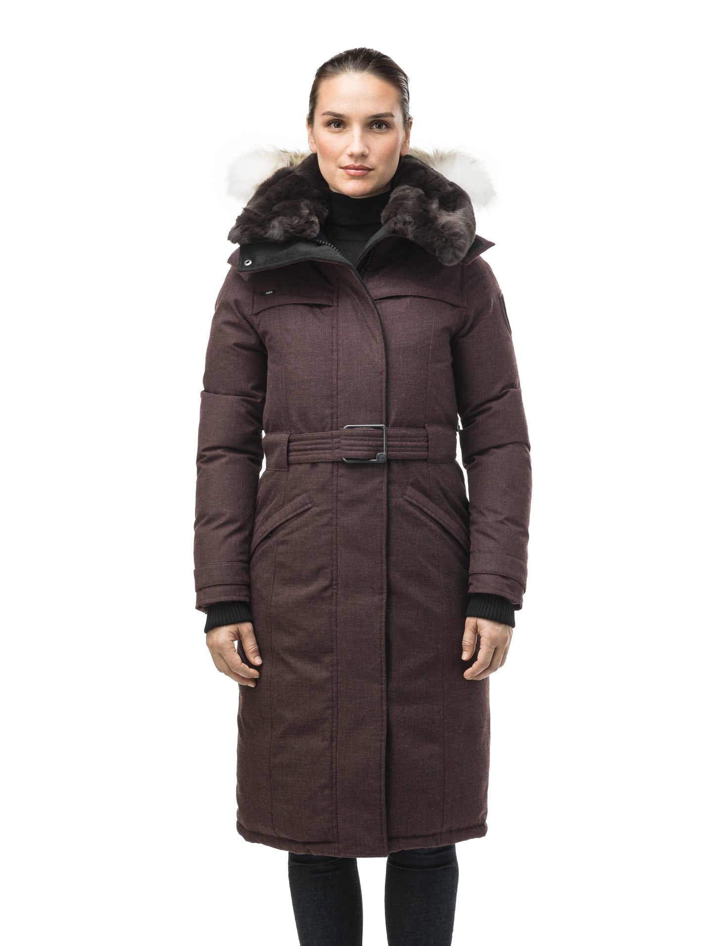 Women's knee length down filled parka with a belted waist and fully removable Coyote and Rex Rabbit fur ruffs in H. Burgundy