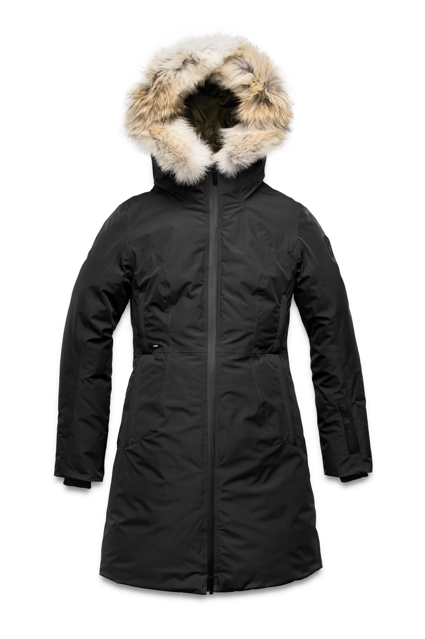 Ladies thigh length down-filled parka with non-removable hood and removable coyote fur trim in Black