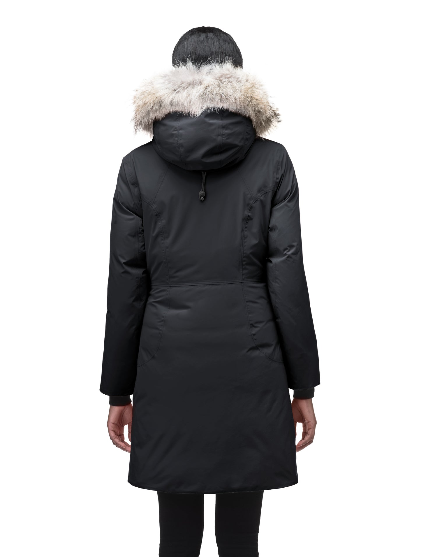 Ladies thigh length down-filled parka with non-removable hood and removable coyote fur trim in Black