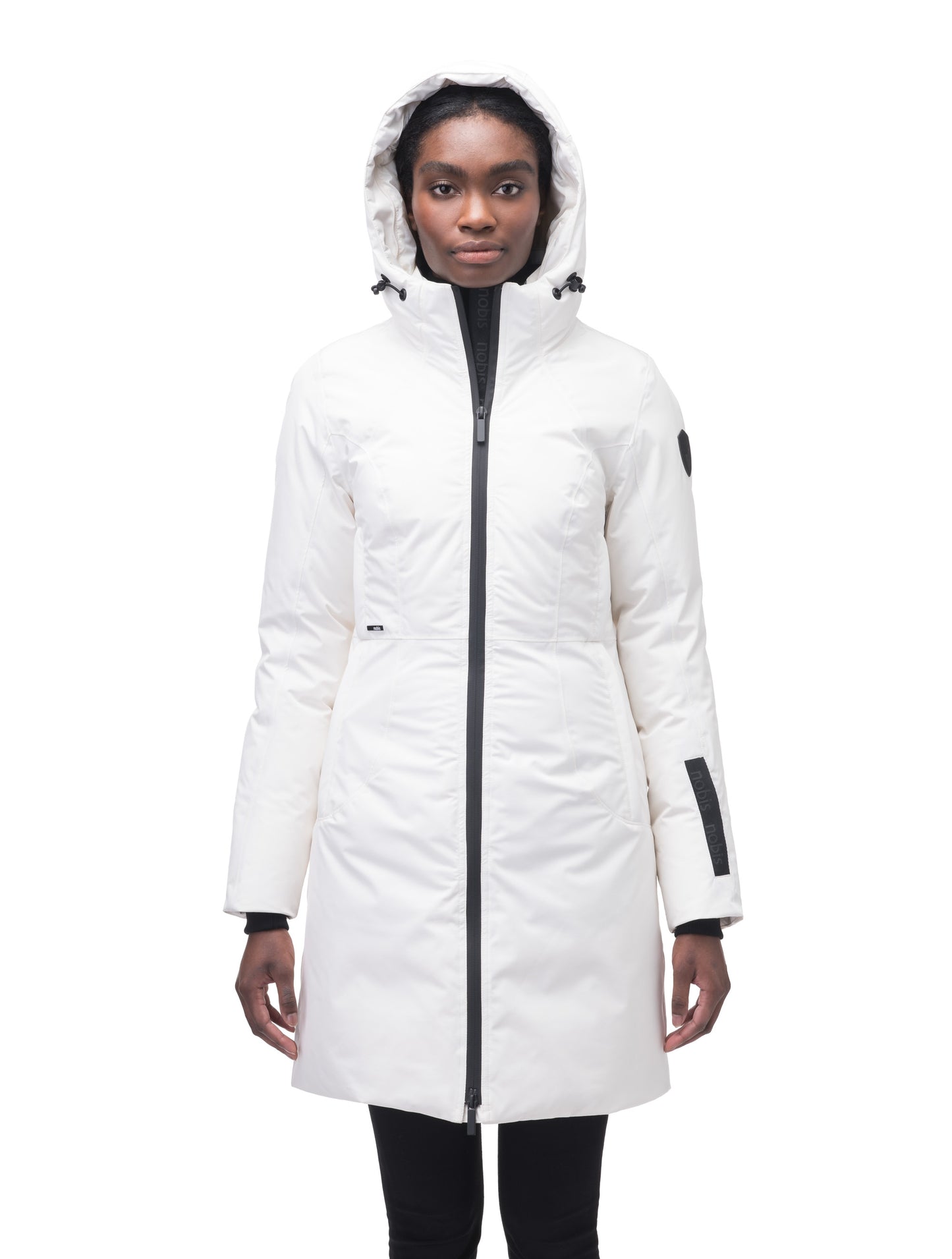 Ladies thigh length down-filled parka with non-removable hood and removable coyote fur trim in Chalk