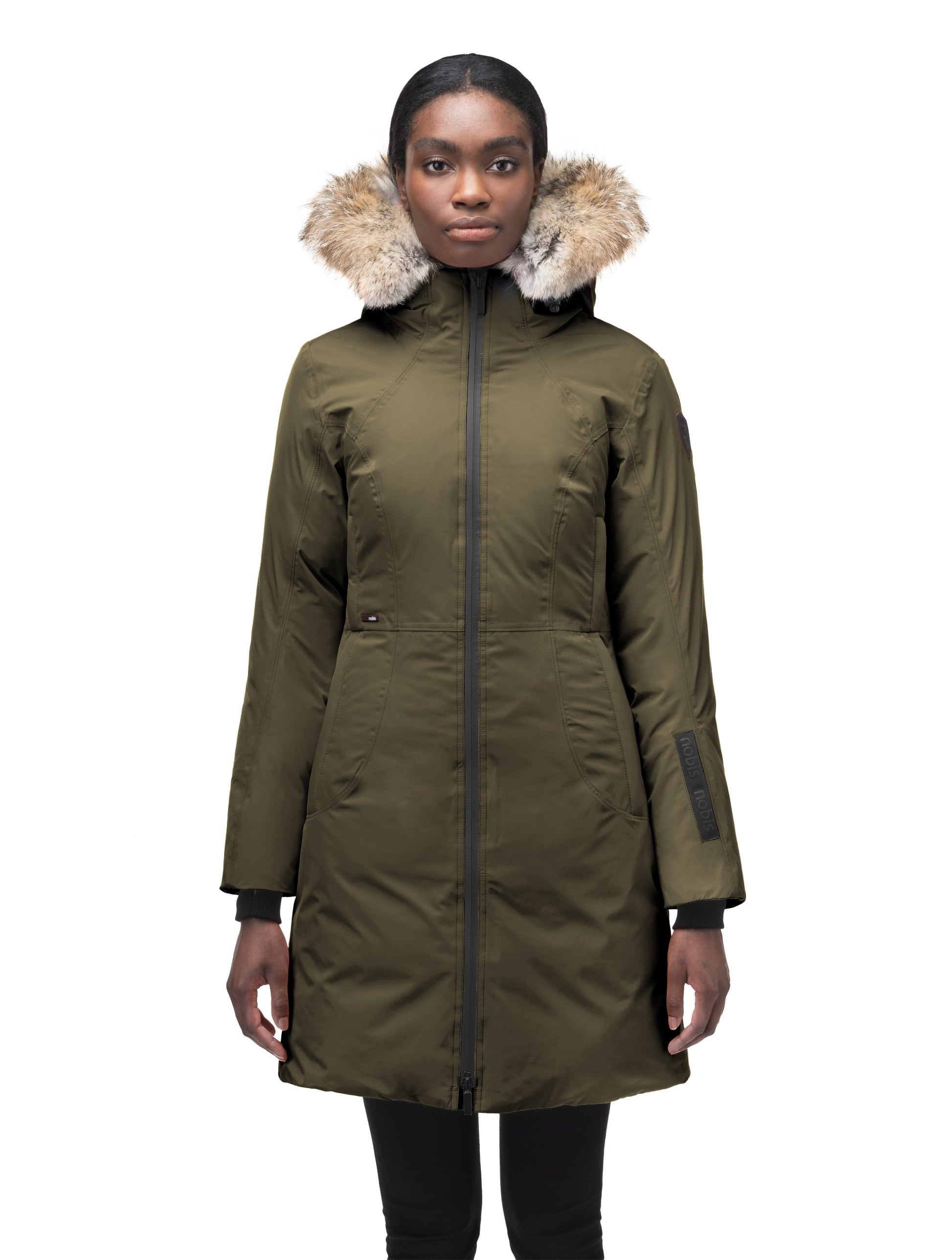 Ladies thigh length down-filled parka with non-removable hood and removable coyote fur trim in Fatigue