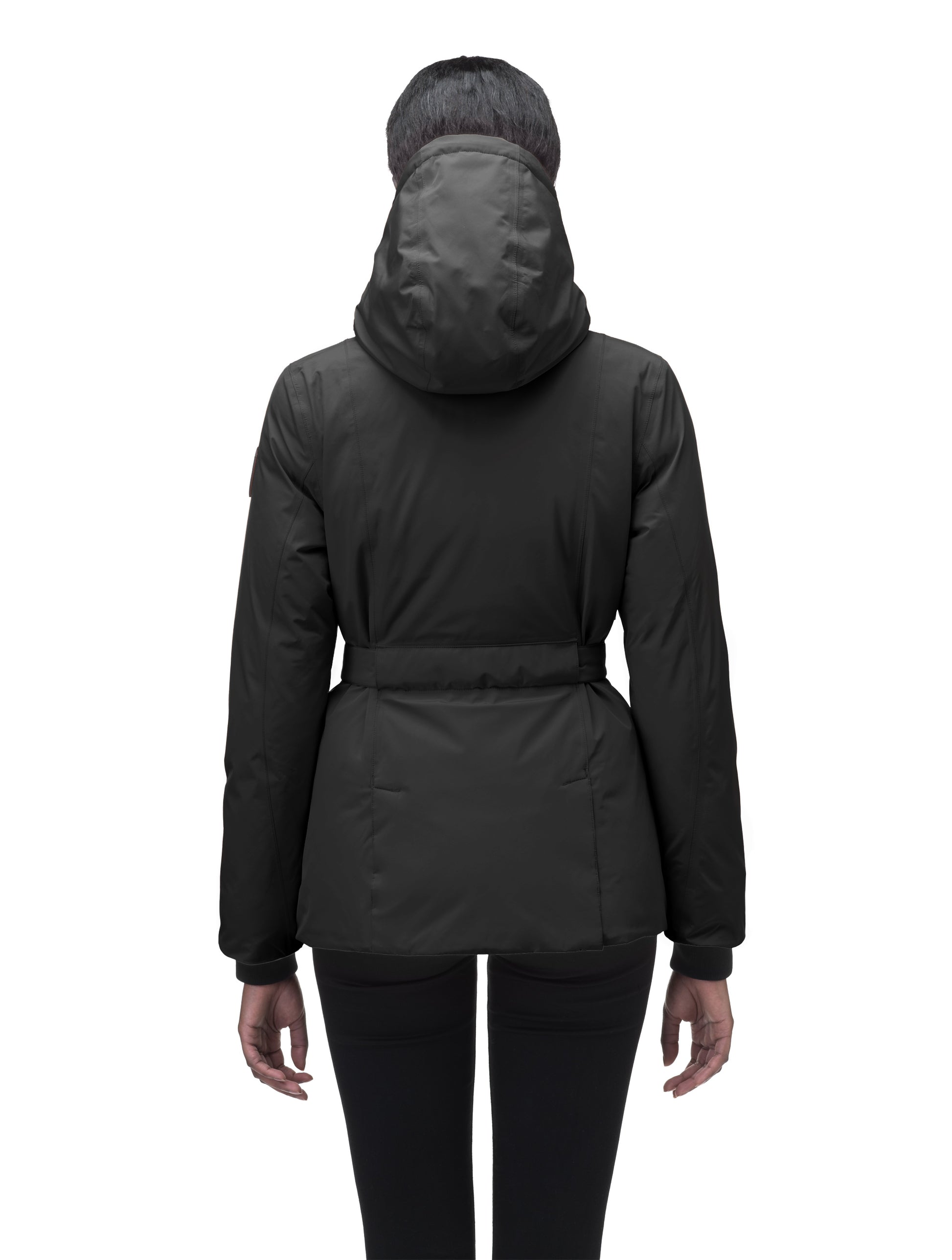 Ladies hip length down-filled parka with non-removable hood and adjustable belt in Black