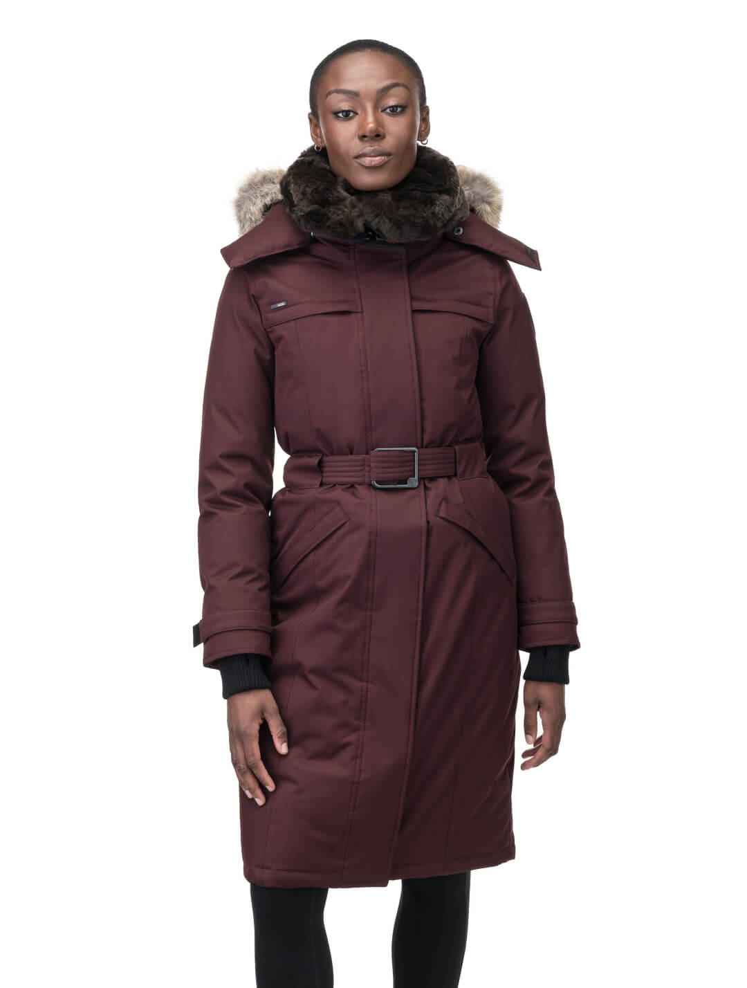 Women's knee length down filled parka with a belted waist and fully removable Coyote and Rex Rabbit fur ruffs in Merlot