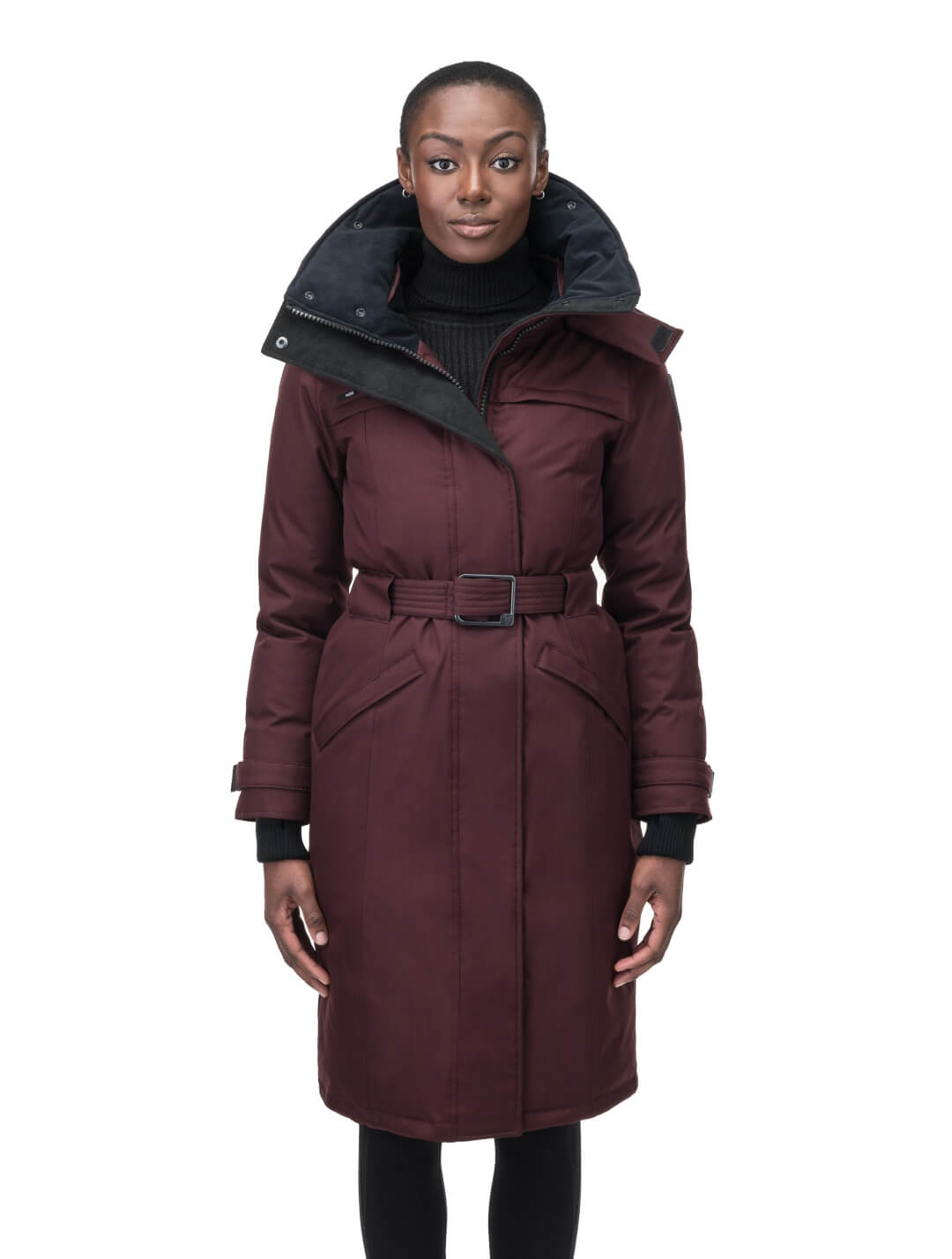 Women's knee length down filled parka with a belted waist and fully removable Coyote and Rex Rabbit fur ruffs in Merlot