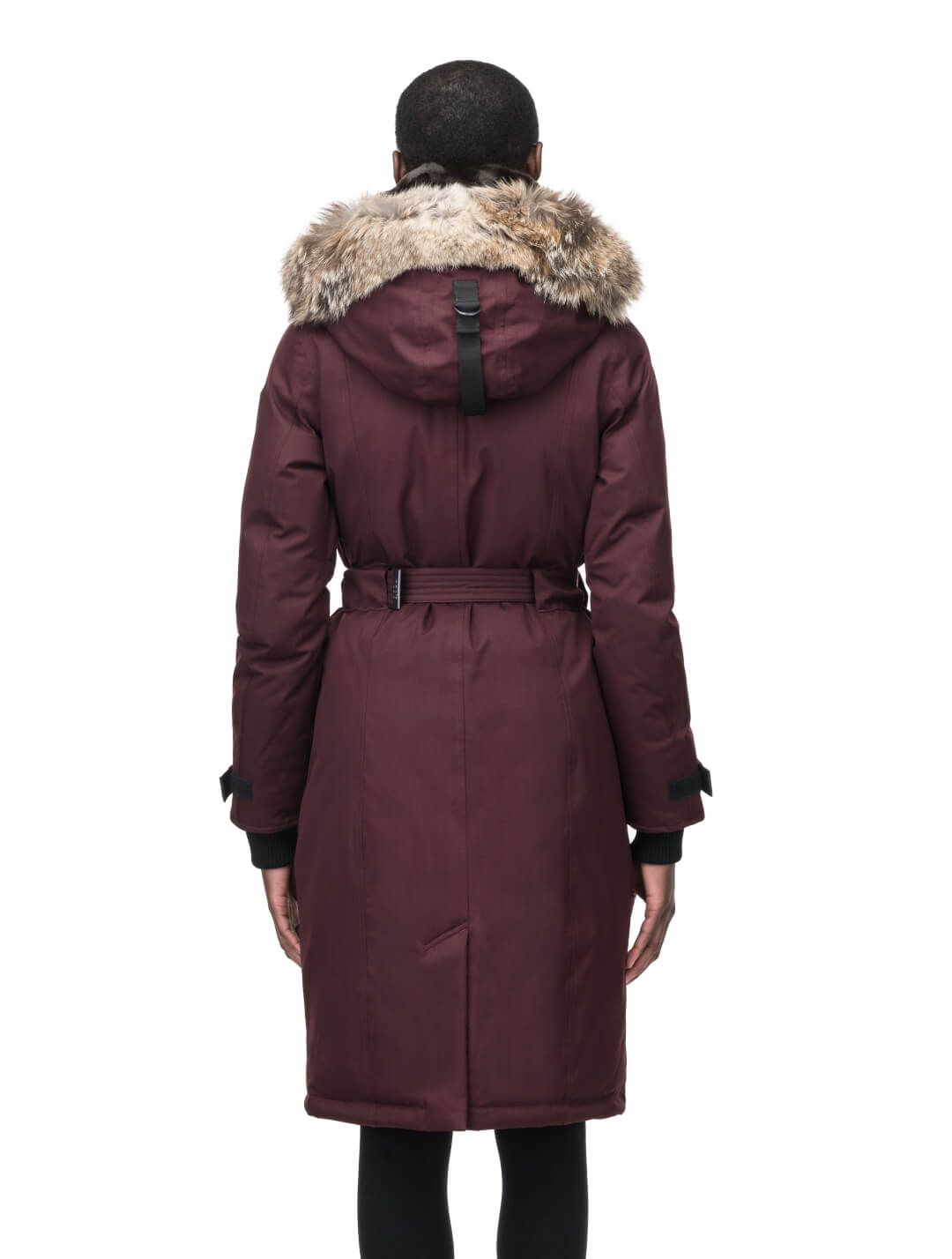 Women's knee length down filled parka with a belted waist and fully removable Coyote and Rex Rabbit fur ruffs in Merlot