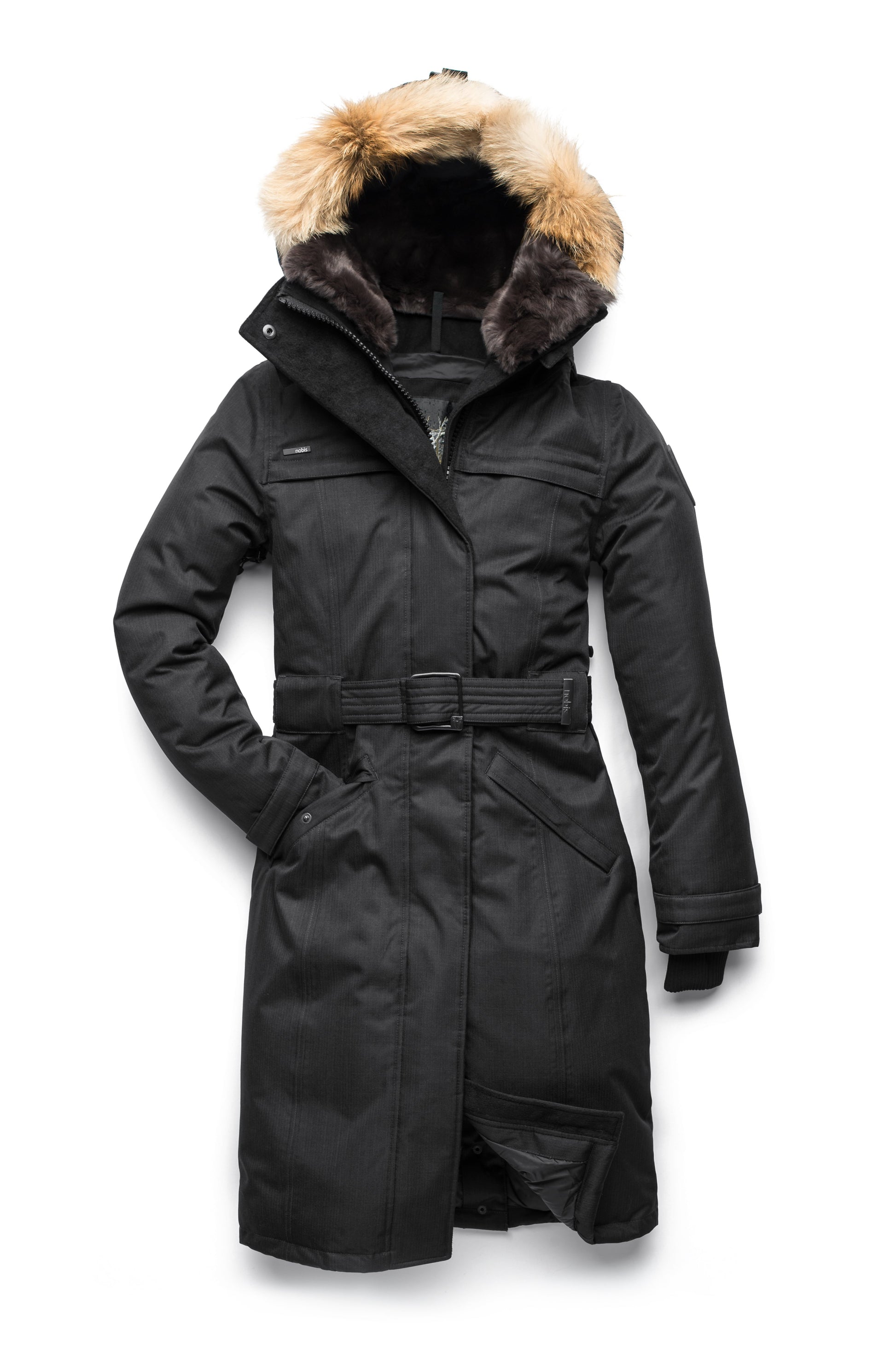 Women's knee length down filled parka with a belted waist and fully removable Coyote and Rex Rabbit fur ruffs in H. Black