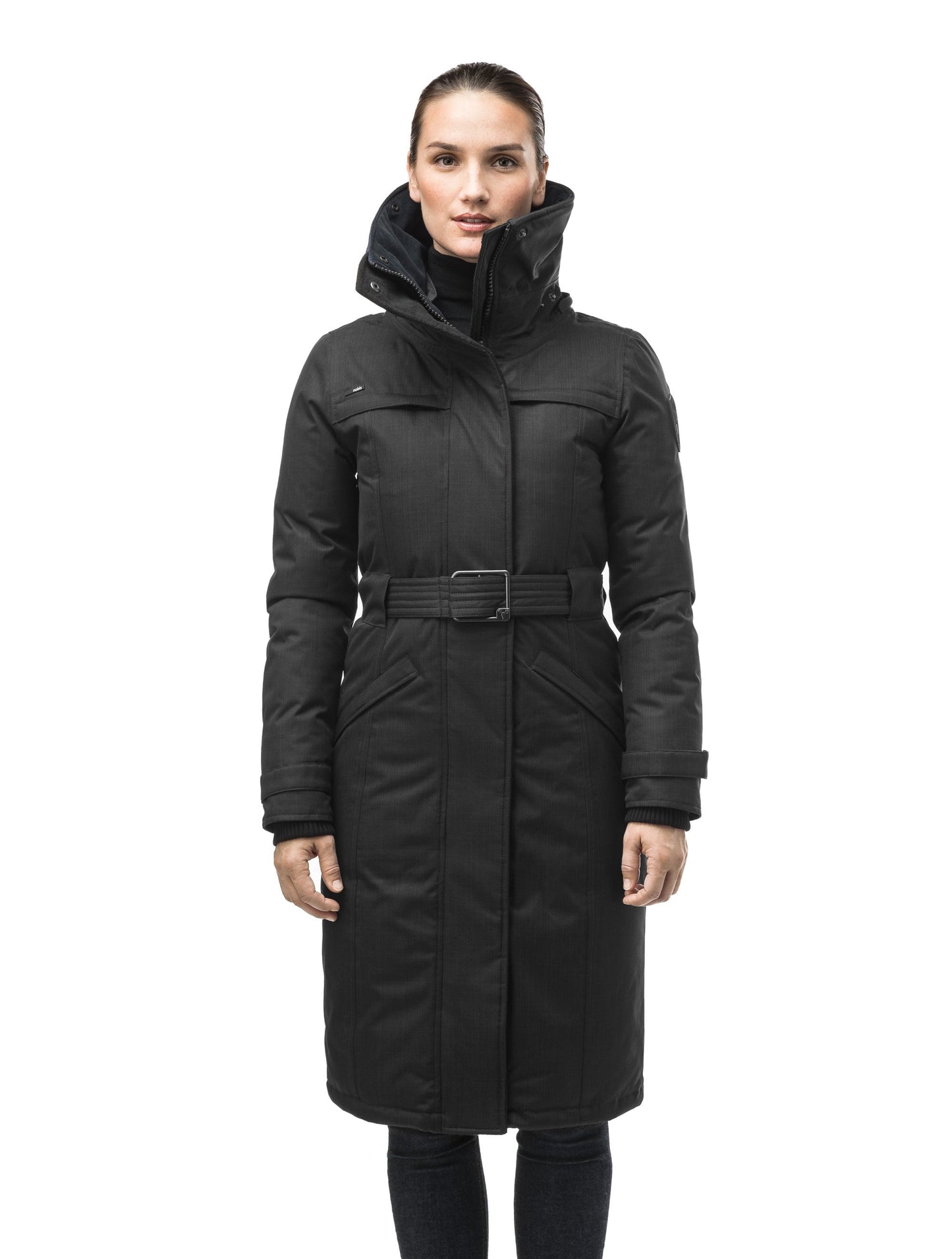 Women's knee length down filled parka with a belted waist and fully removable Coyote and Rex Rabbit fur ruffs in CH Black