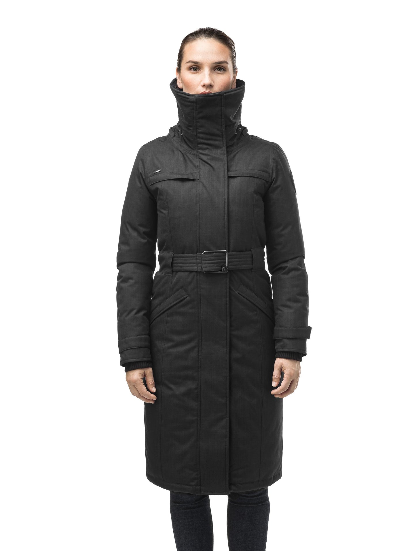 Women's knee length down filled parka with a belted waist and fully removable Coyote and Rex Rabbit fur ruffs in CH Black