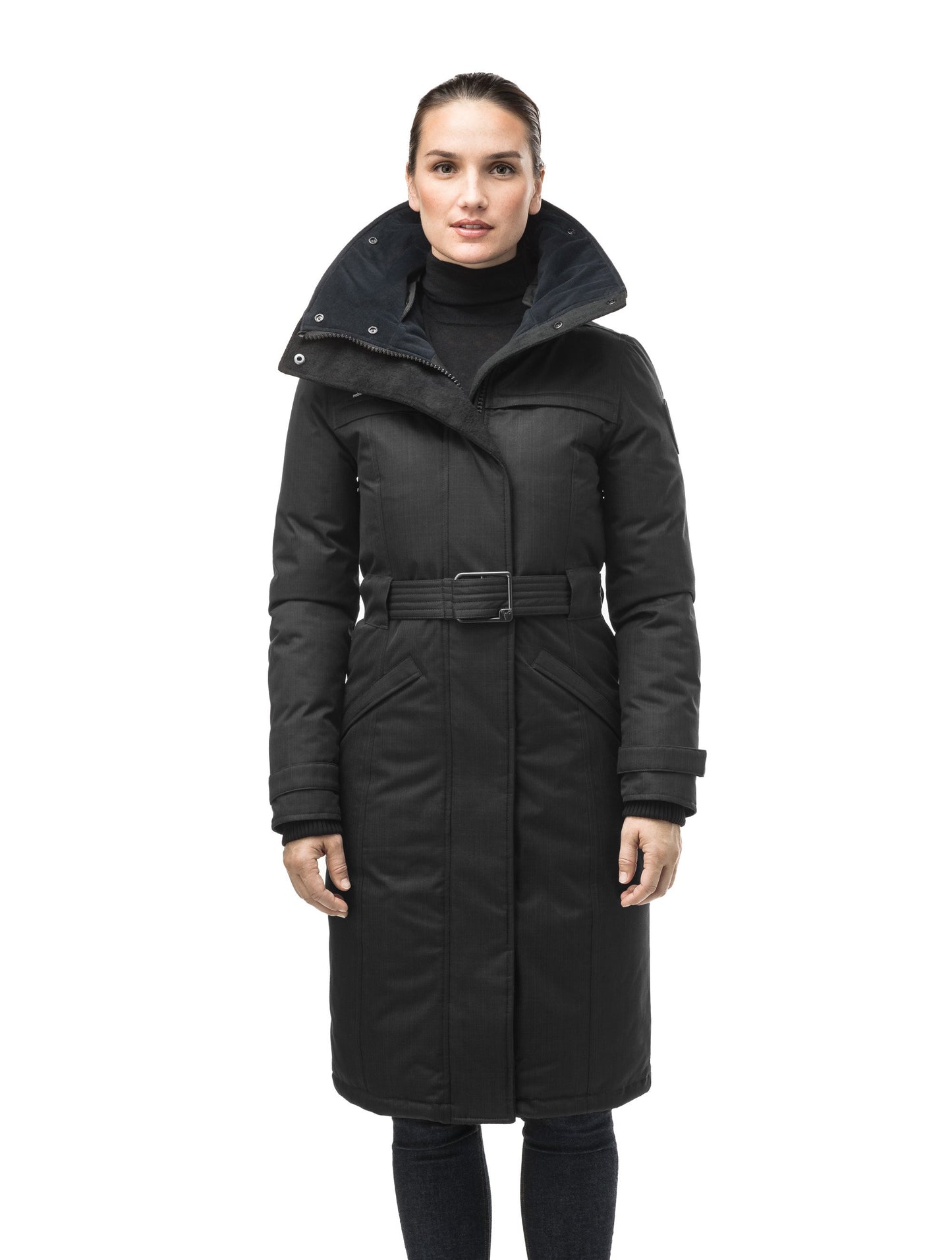 Women's knee length down filled parka with a belted waist and fully removable Coyote and Rex Rabbit fur ruffs in CH Black