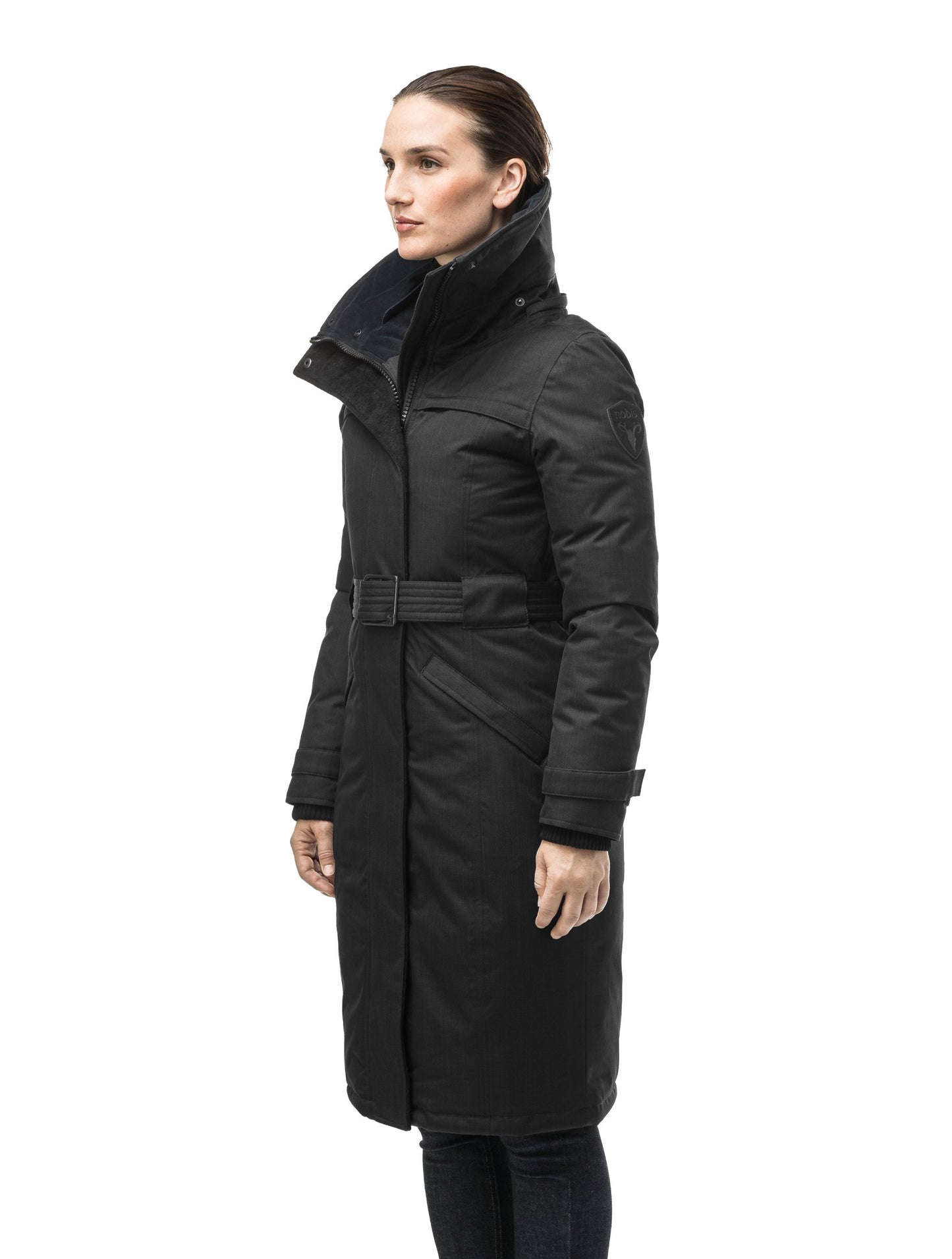 Women's knee length down filled parka with a belted waist and fully removable Coyote and Rex Rabbit fur ruffs in CH Black