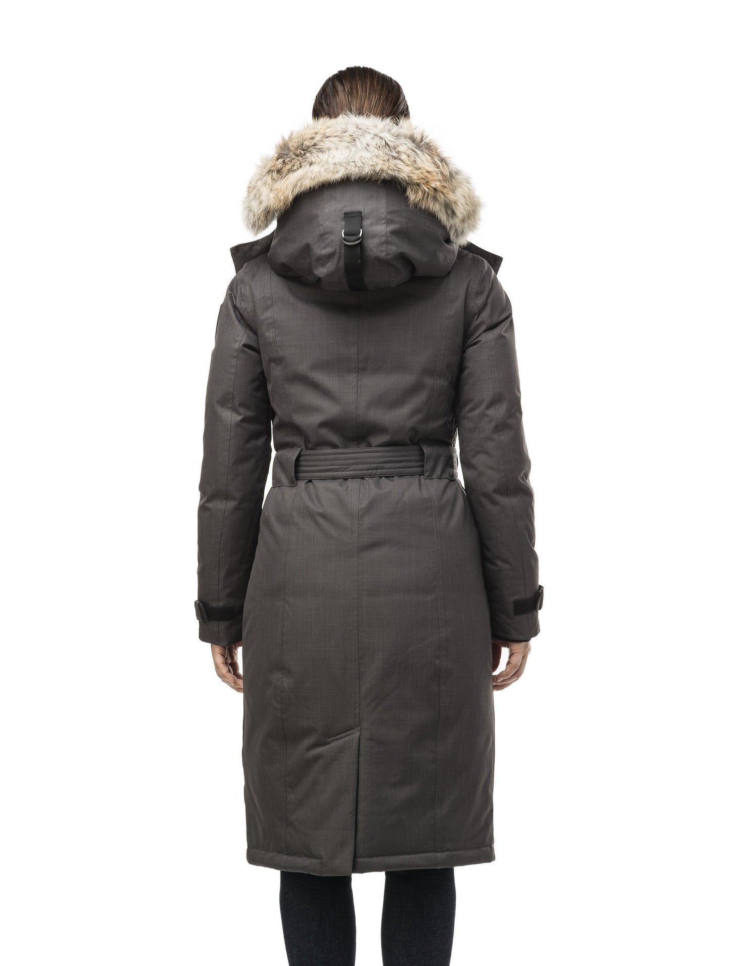 Women's knee length down filled parka with a belted waist and fully removable Coyote and Rex Rabbit fur ruffs in CH Steel Grey