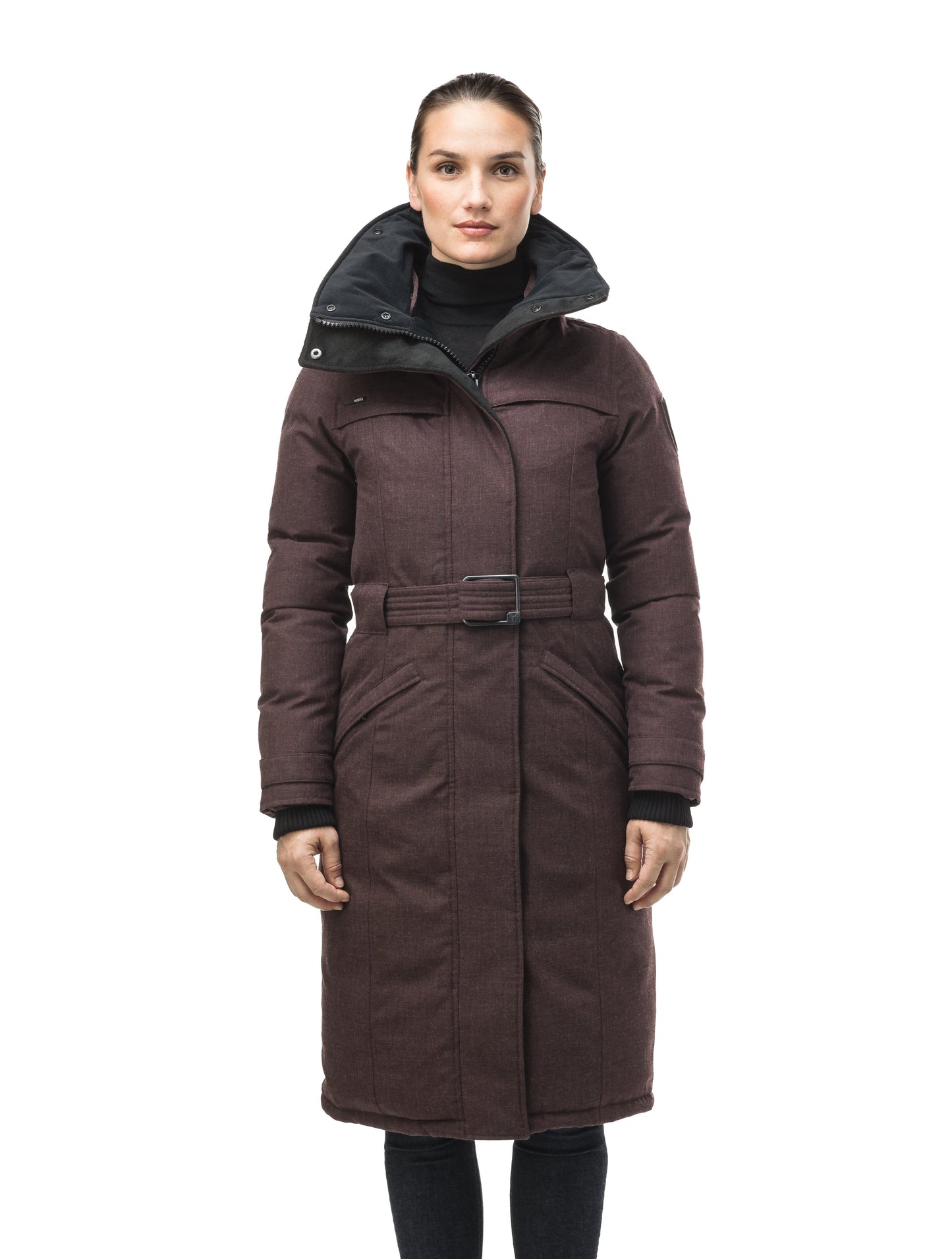 Women's knee length down filled parka with a belted waist and fully removable Coyote and Rex Rabbit fur ruffs in H. Burgundy