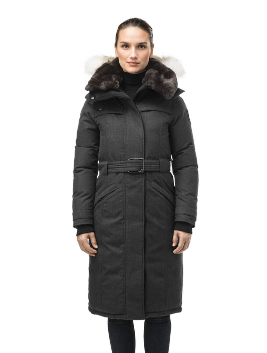 Women's knee length down filled parka with a belted waist and fully removable Coyote and Rex Rabbit fur ruffs in H. Black