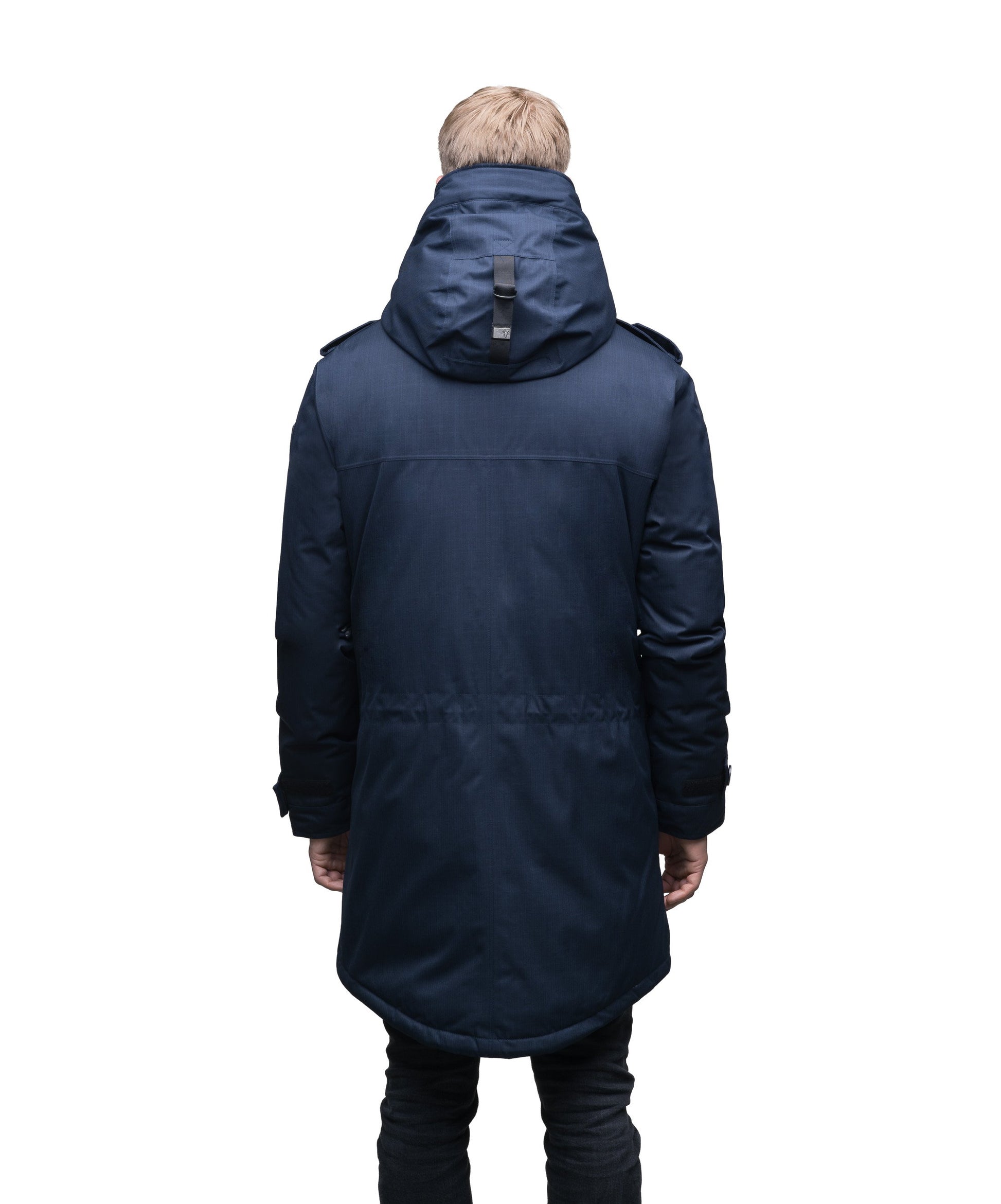 Men's down filled parka with faux button magnet closures and fur free hood with a fishtail hemline in CH Navy