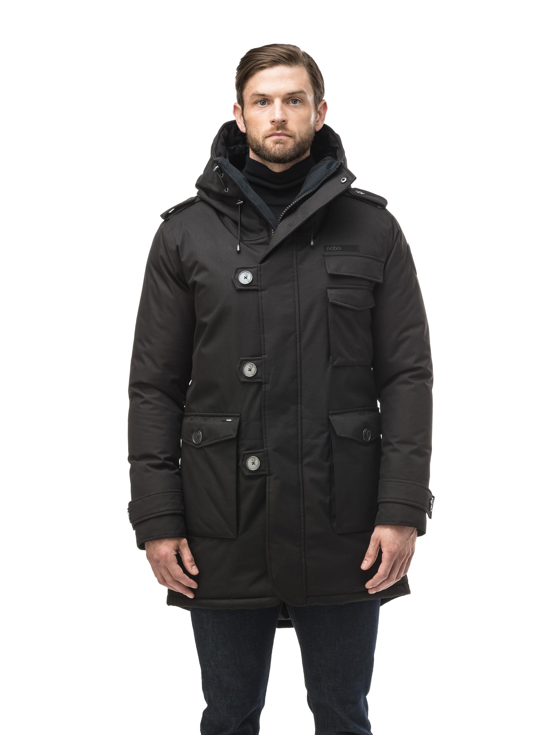 Men's down filled parka with faux button magnet closures and fur free hood with a fishtail hemline in Black