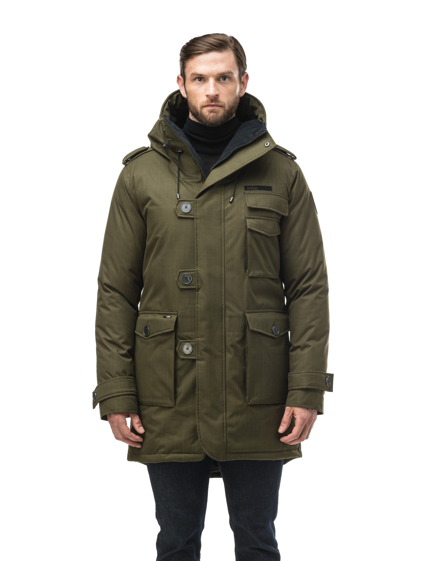 Men's down filled parka with faux button magnet closures and fur free hood with a fishtail hemline in Fatigue