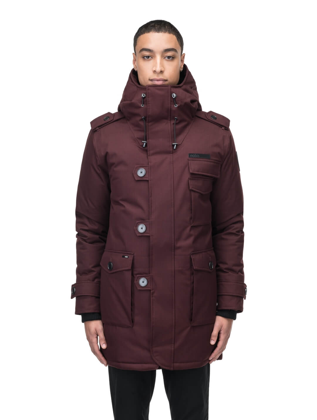 Men's down filled parka with faux button magnet closures and fur free hood with a fishtail hemline in Merlot