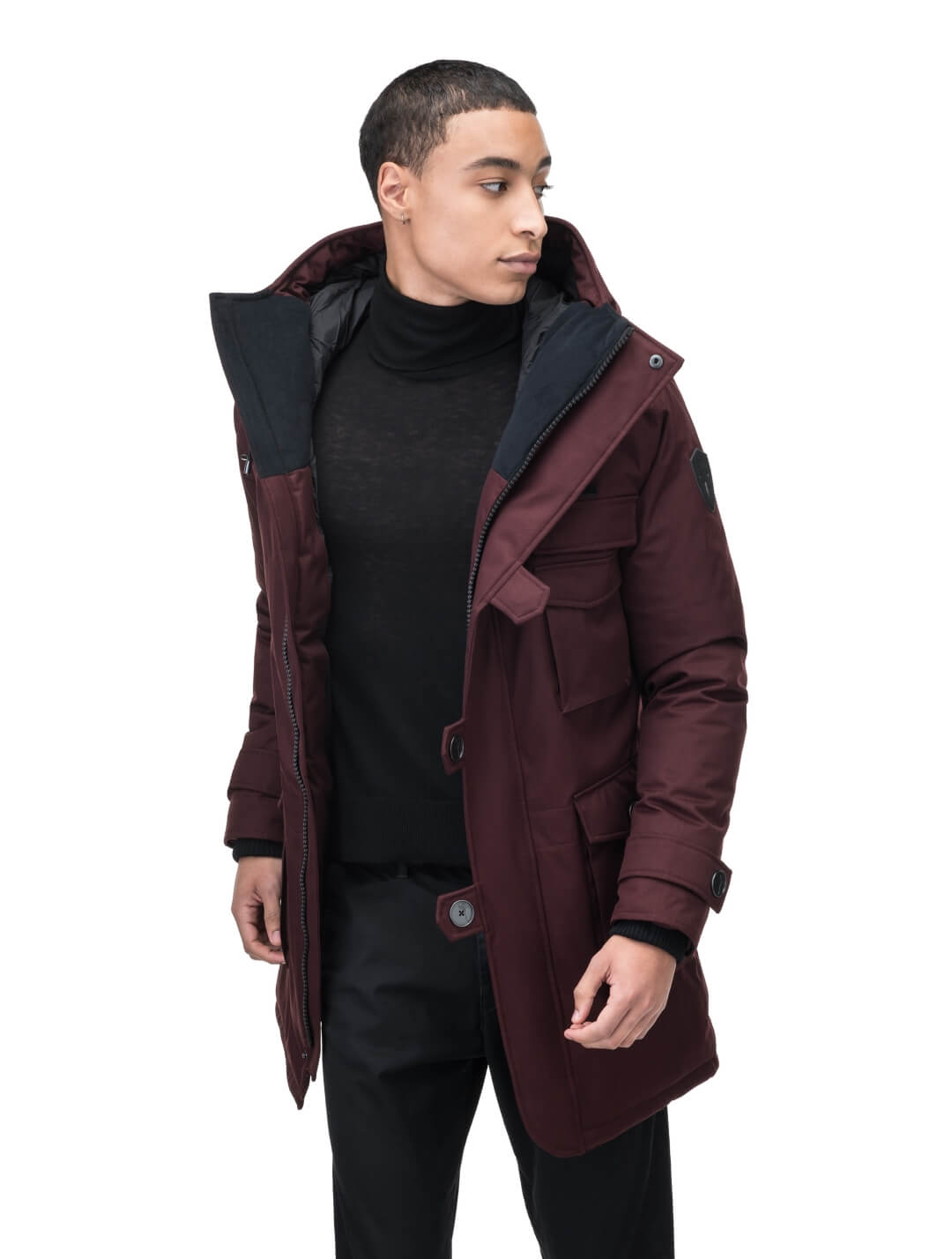 Men's down filled parka with faux button magnet closures and fur free hood with a fishtail hemline in Merlot