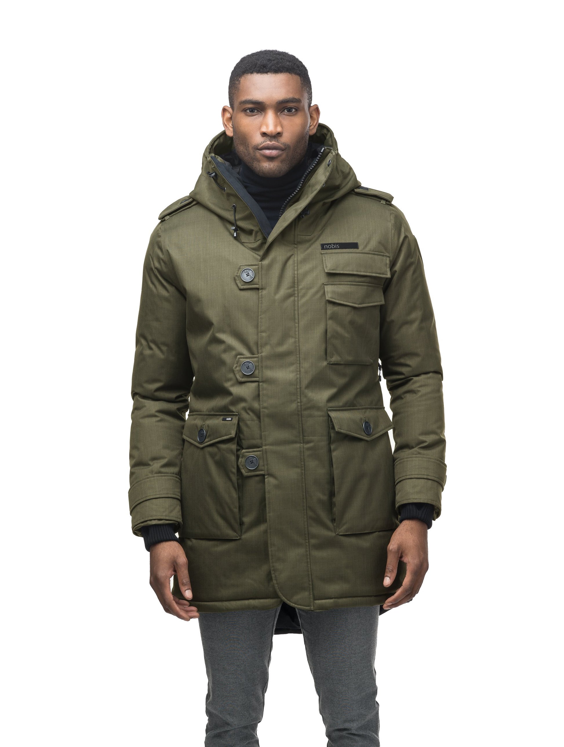 Men's down filled parka with faux button magnet closures and fur free hood with a fishtail hemline in Fatigue