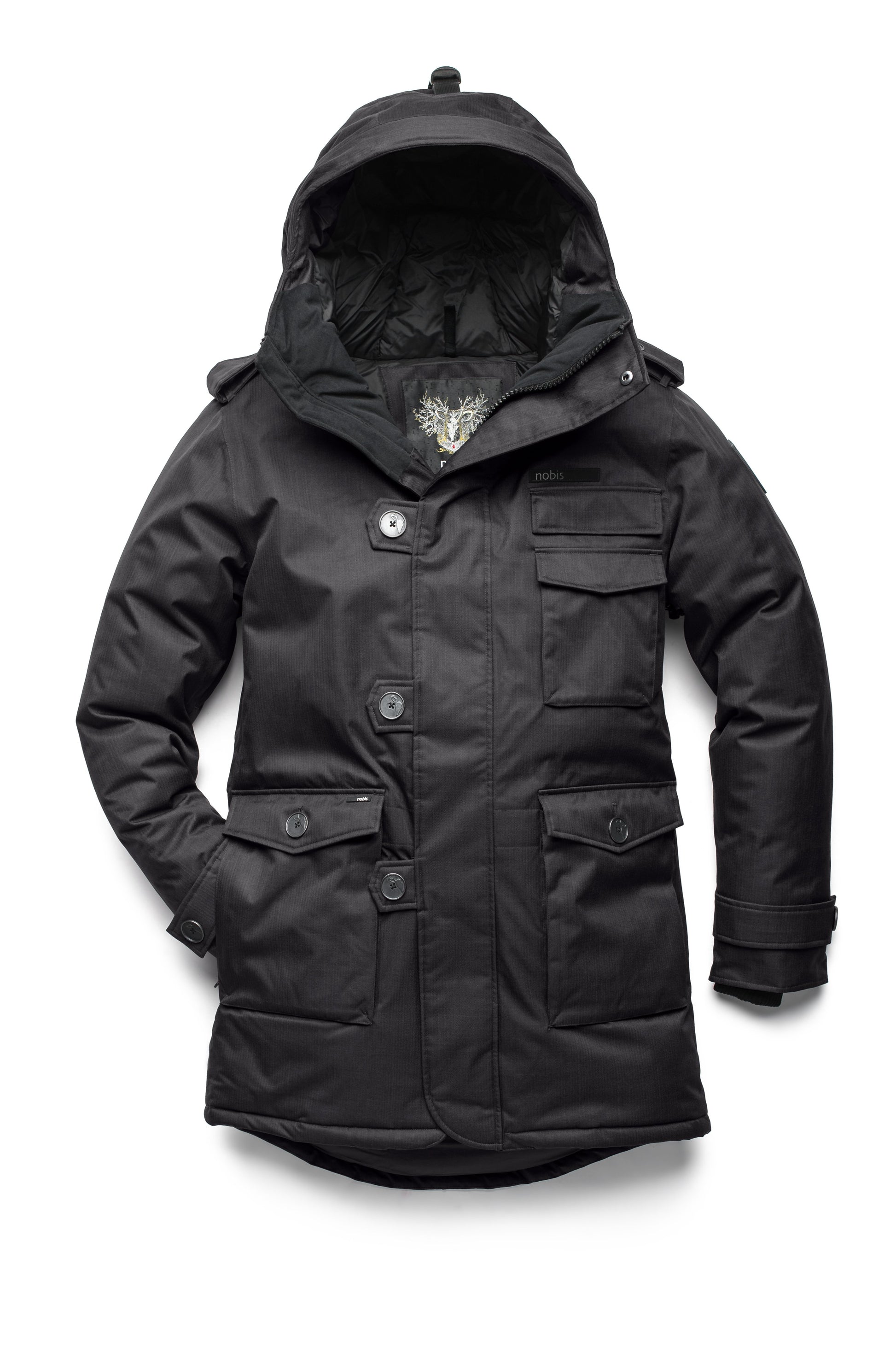 Men's down filled parka with faux button magnet closures and fur free hood with a fishtail hemline in Black