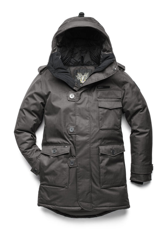 Men's down filled parka with faux button magnet closures and fur free hood with a fishtail hemline in Steel Grey