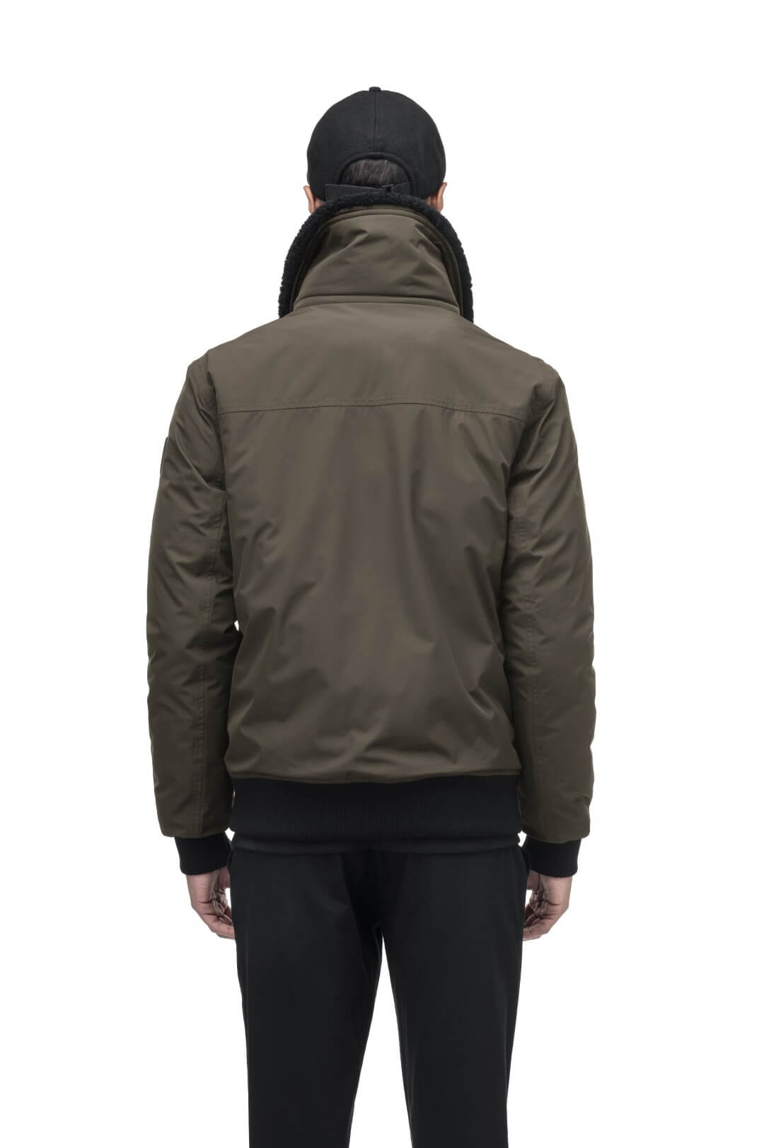 Sonar Men's Aviator Jacket in hip length, Canadian duck down insulation, removable shearling collar with hidden tuckable hood, and two-way front zipper, in Fatigue